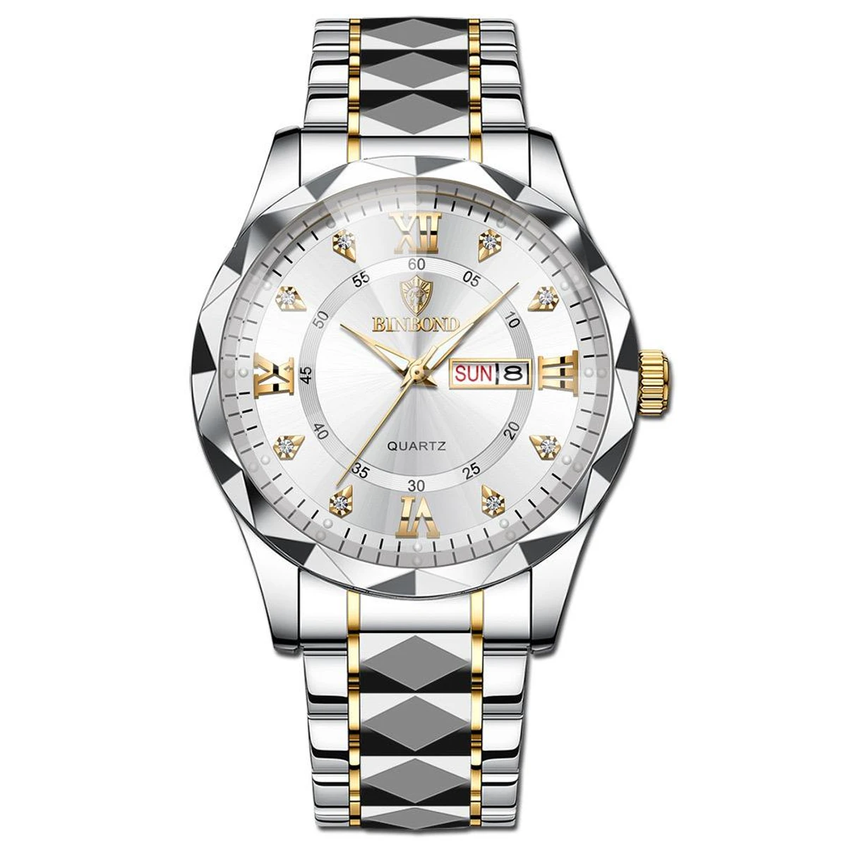BINBOND 5512 ডায়মন্ড কাটিং এবং বাটারফ্লাই লক নতুন ডিজাইনের পুরুষদের জন্য ঘড়ি SILBER GOLDEN WHITE