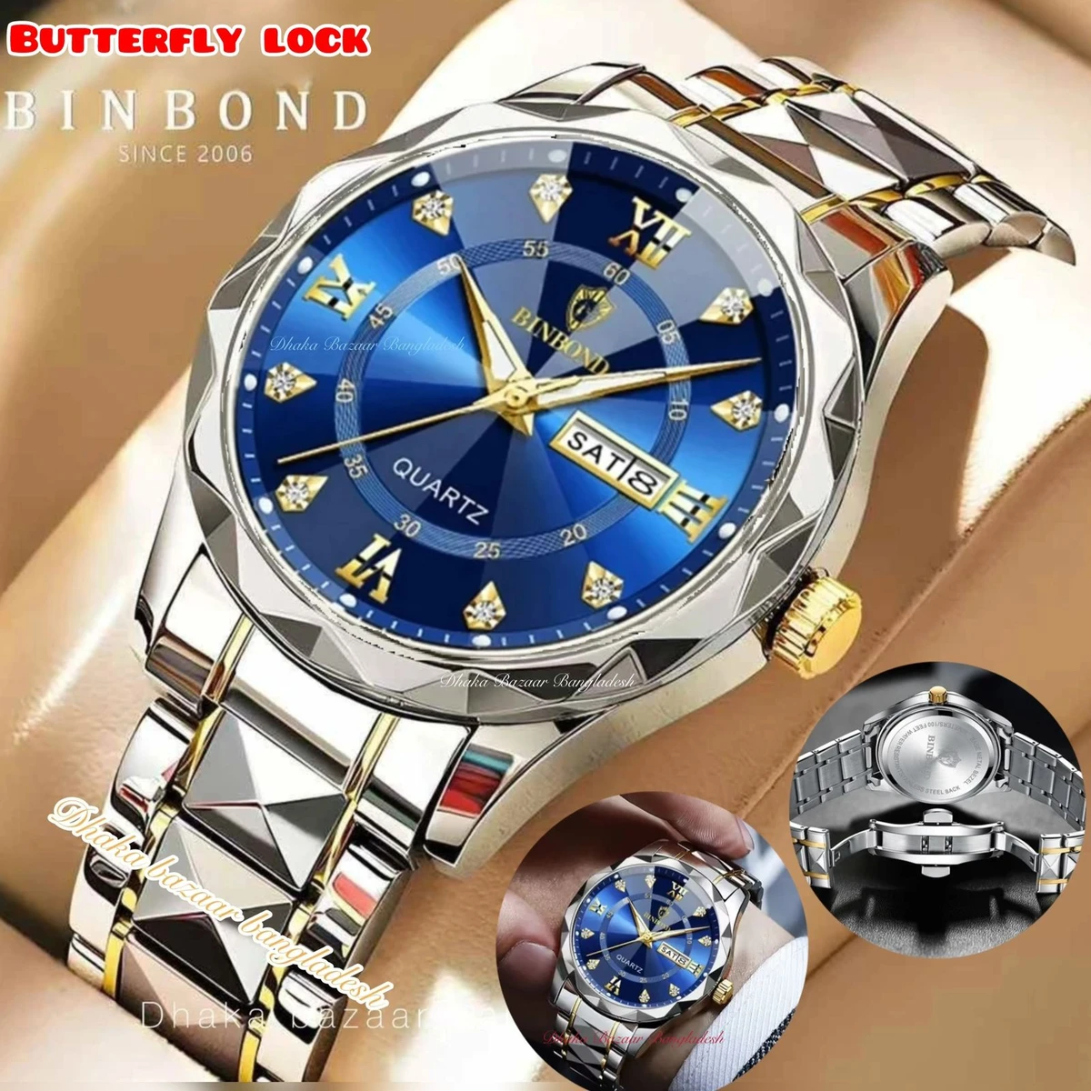 BINBOND 5512 ডায়মন্ড কাটিং এবং বাটারফ্লাই লক নতুন ডিজাইনের পুরুষদের জন্য ঘড়ি SILBER GOLDEN BLUE