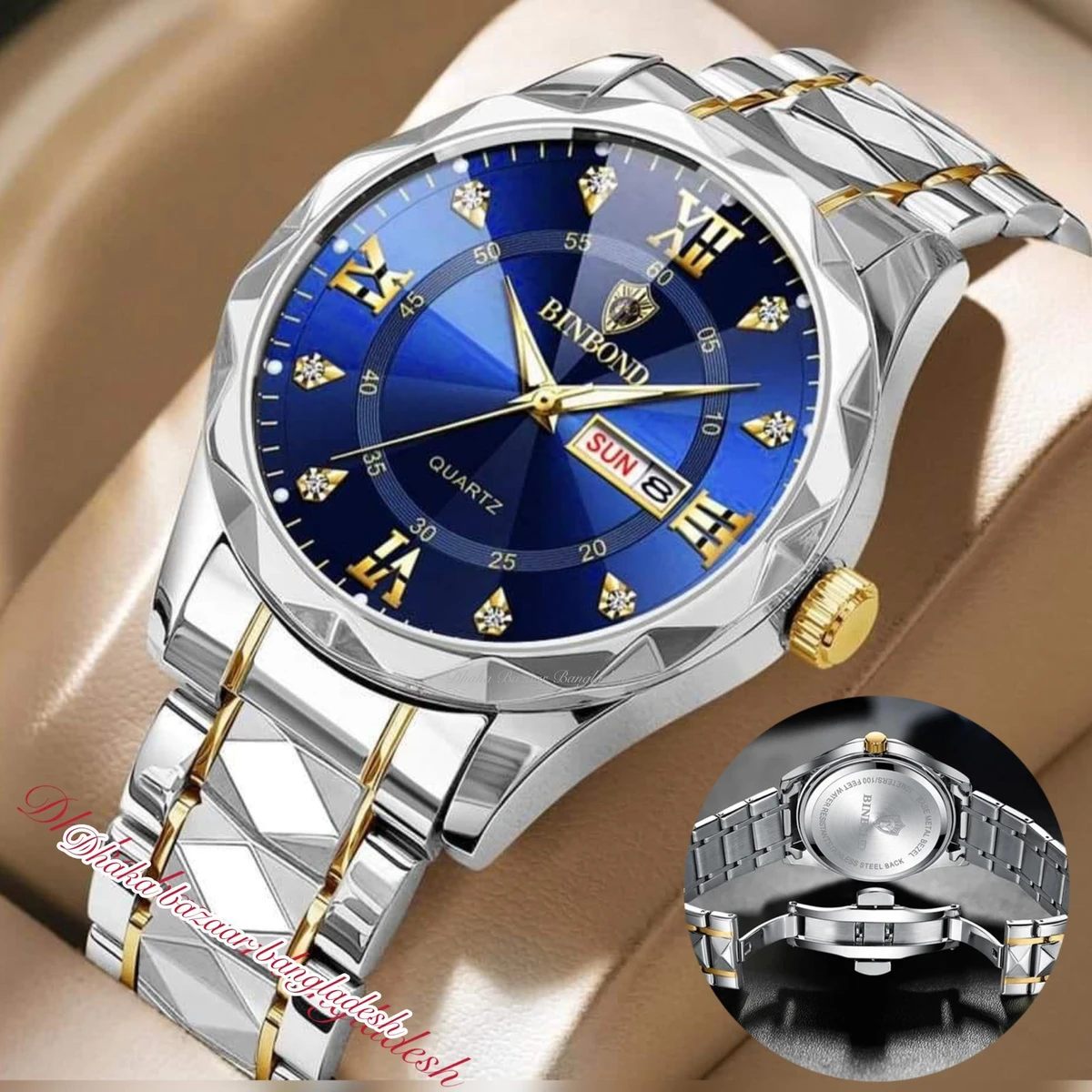 BINBOND 5512 ডায়মন্ড কাটিং এবং বাটারফ্লাই লক নতুন ডিজাইনের পুরুষদের জন্য ঘড়ি SILBER GOLDEN BLUE