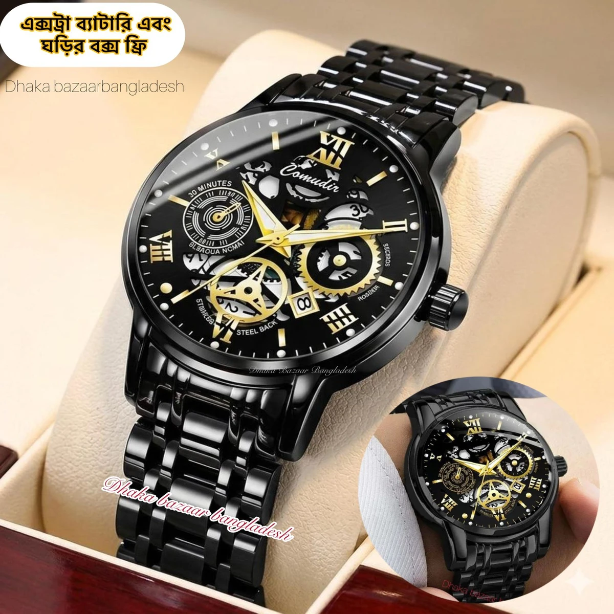 BINCU 2020 পুরুষের জন্যVনন মেকানিক্যাল ওয়াটার প্রুফ ঘড়ি NEW BLACK NEW