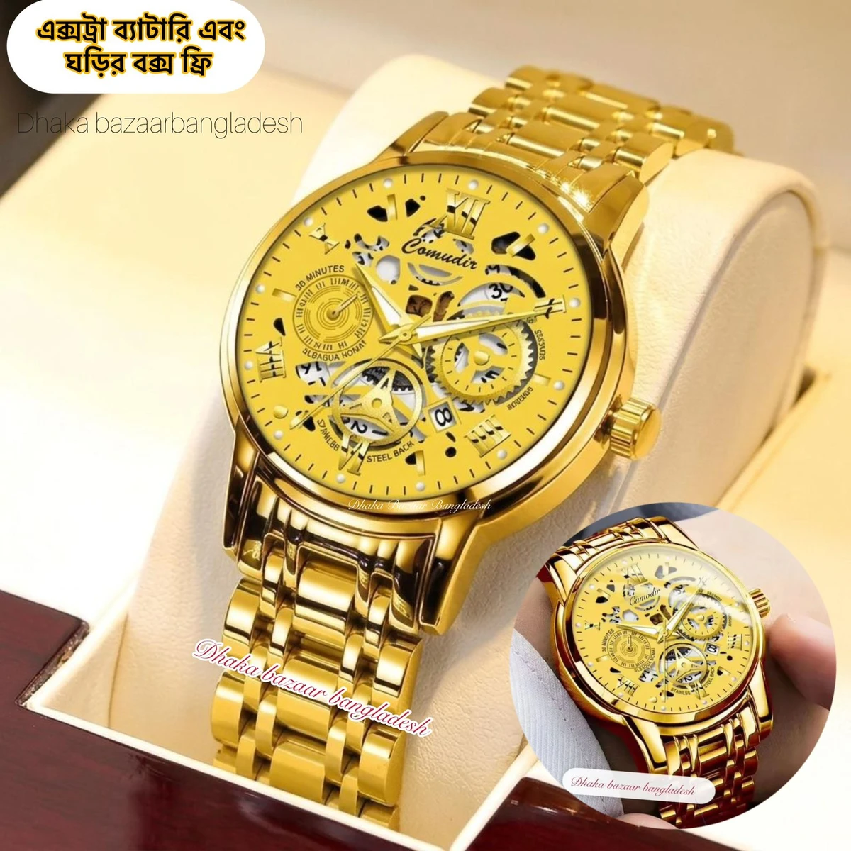 BINCU 2020 পুরুষের জন্যVনন মেকানিক্যাল ওয়াটার প্রুফ ঘড়ি GOLDEN