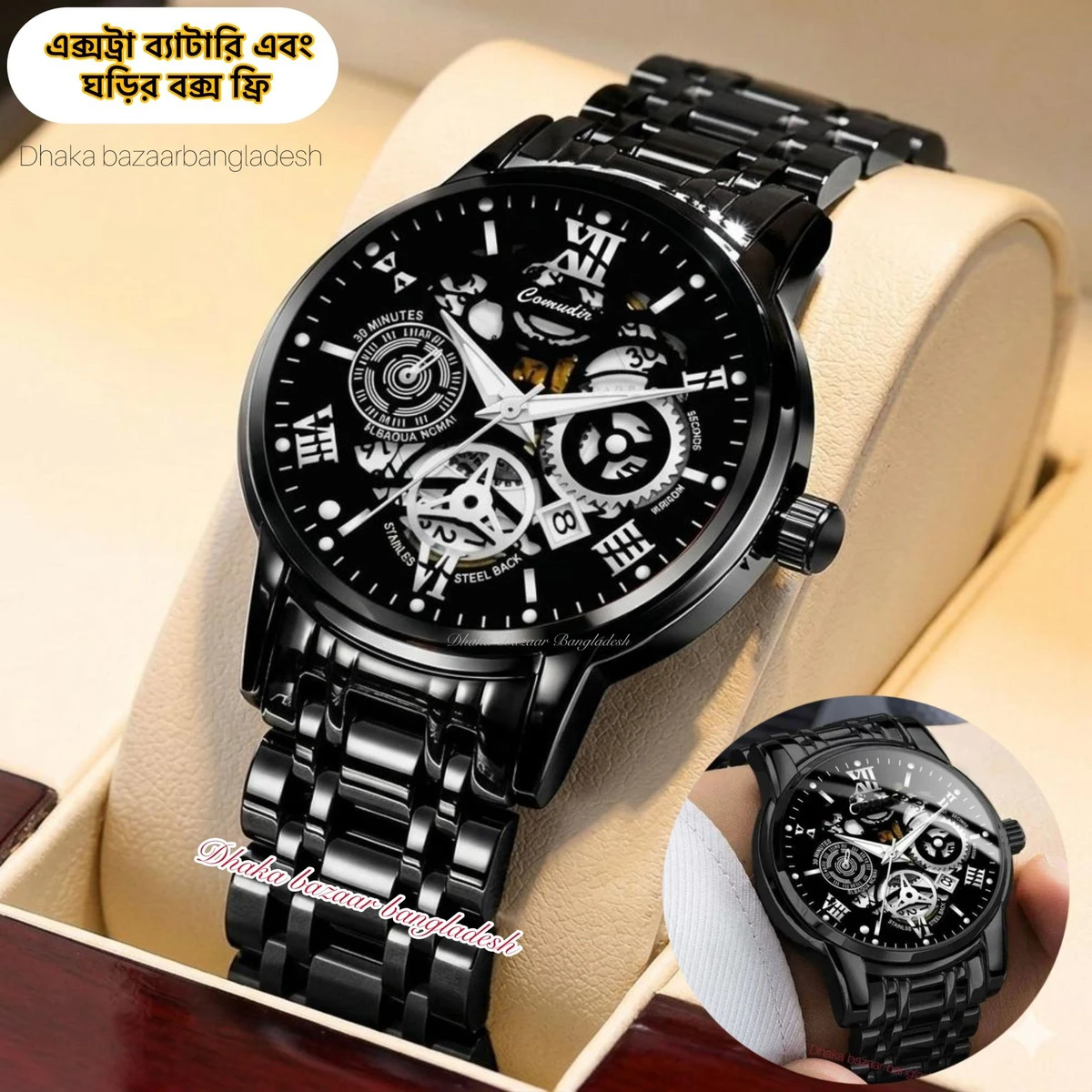 BINCU 2020 পুরুষের জন্যVনন মেকানিক্যাল ওয়াটার প্রুফ ঘড়ি BLACK