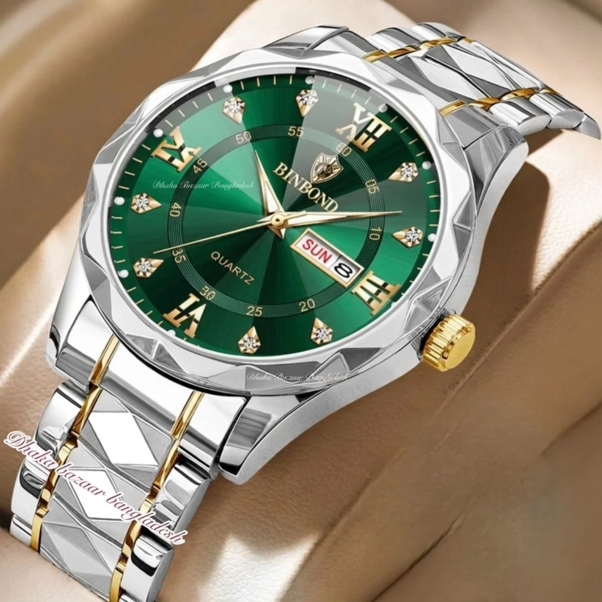 BINBOND 5512 ডায়মন্ড কাটিং এবং বাটারফ্লাই লক নতুন ডিজাইনের পুরুষদের জন্য ঘড়ি SILBER GOLDEN GREEN