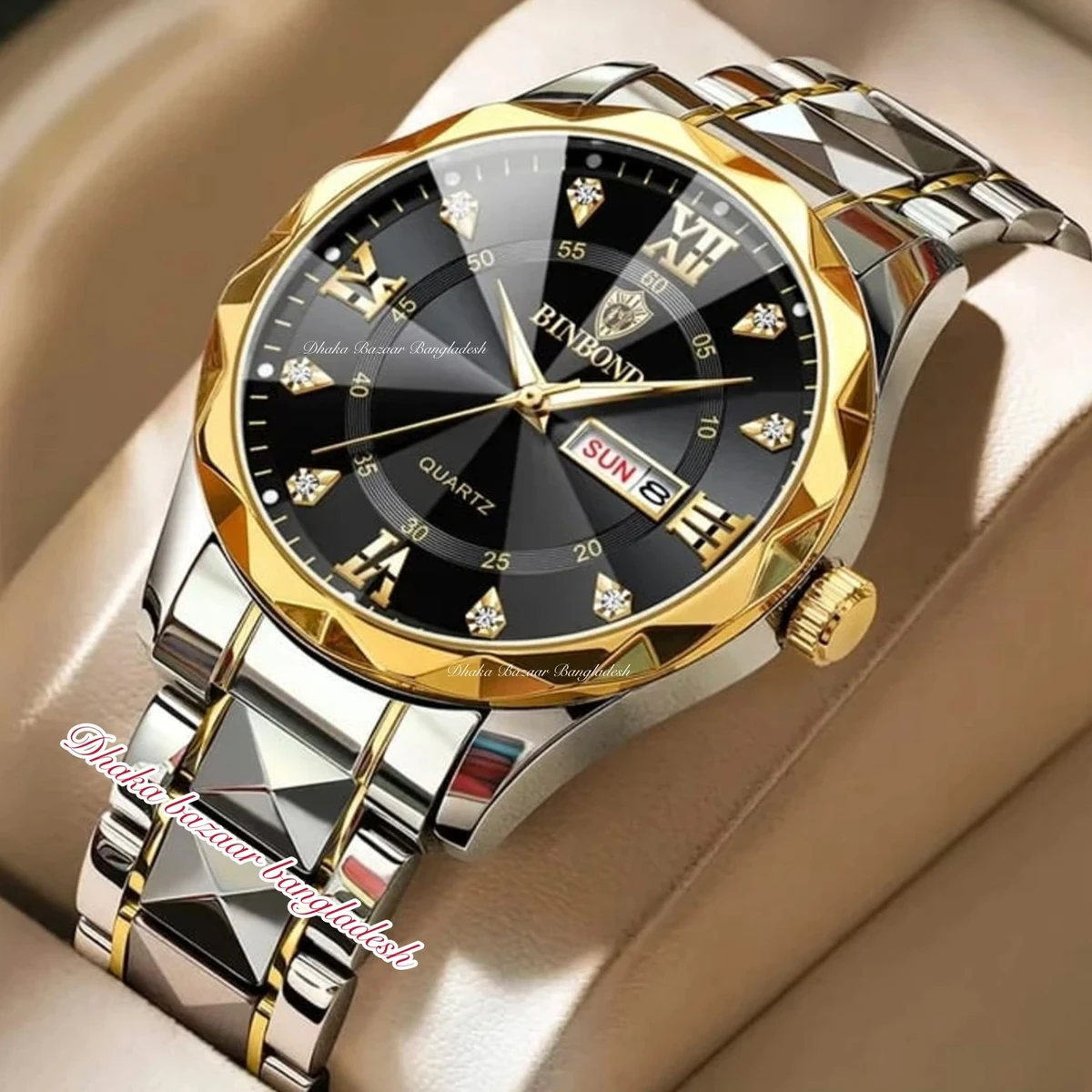 BINBOND 5512 ডায়মন্ড কাটিং এবং বাটারফ্লাই লক নতুন ডিজাইনের পুরুষদের জন্য ঘড়ি SILBER GOLDEN BLACK NEW