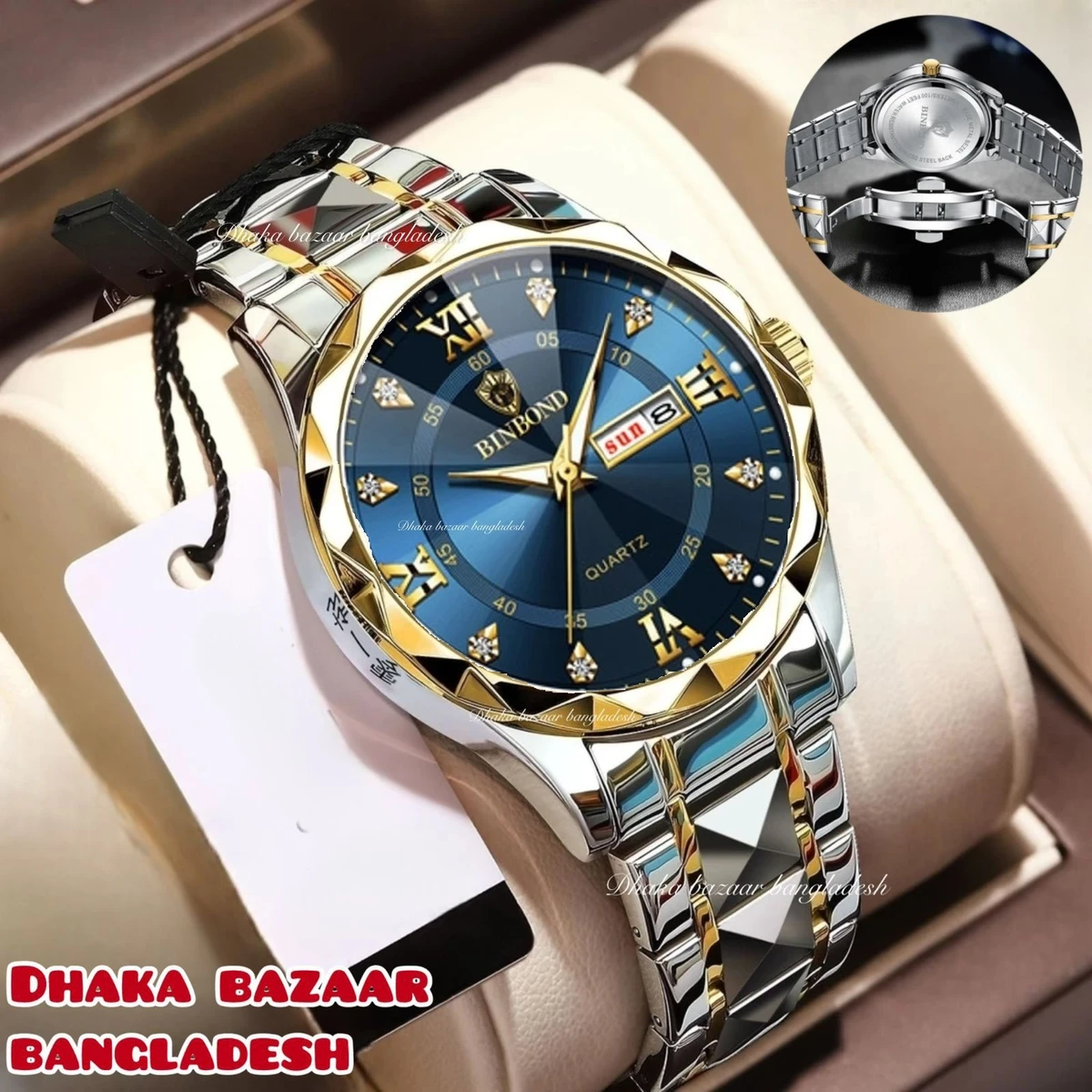 BINBOND 5512 ডায়মন্ড কাটিং এবং বাটারফ্লাই লক নতুন ডিজাইনের পুরুষদের জন্য ঘড়ি SILBER GOLDEN BLUE NEW