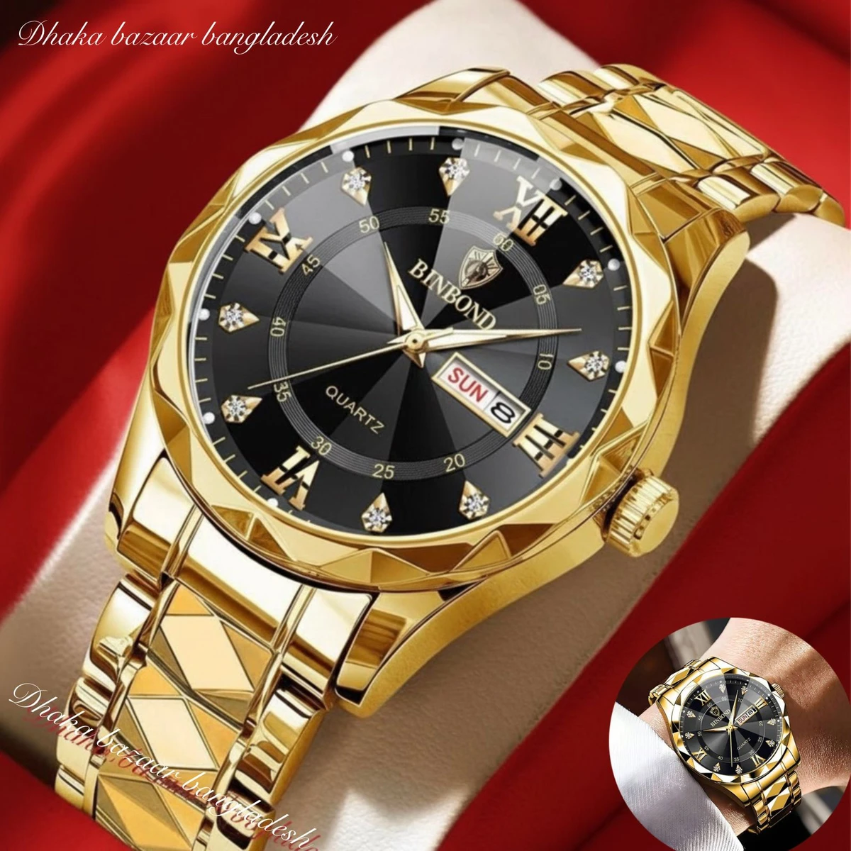 BINBOND 5512 ডায়মন্ড কাটিং এবং বাটারফ্লাই লক নতুন ডিজাইনের পুরুষদের জন্য ঘড়ি GOLDEN BLACK
