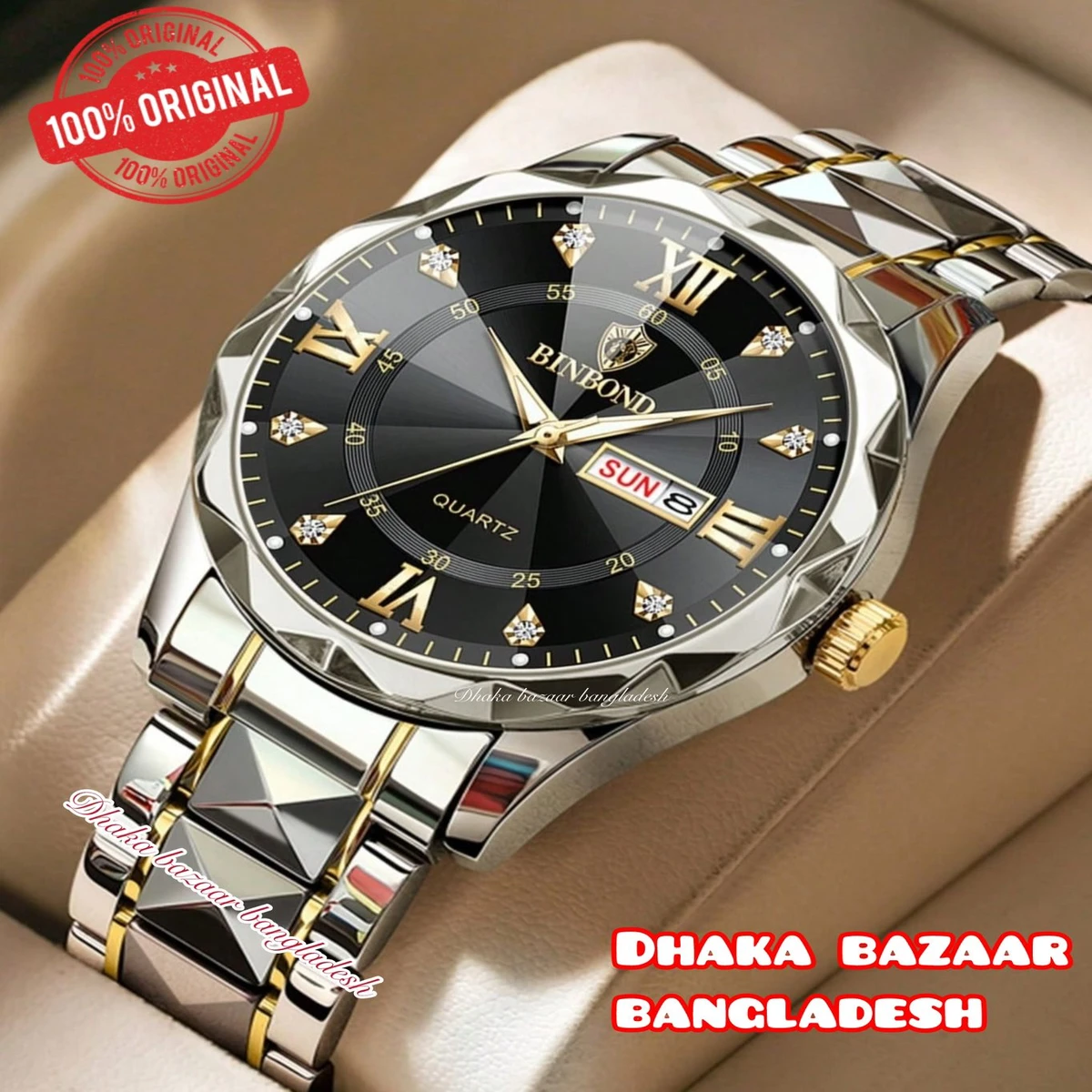 BINBOND 5512 ডায়মন্ড কাটিং এবং বাটারফ্লাই লক নতুন ডিজাইনের পুরুষদের জন্য ঘড়ি SILBER GOLDEN BLACK