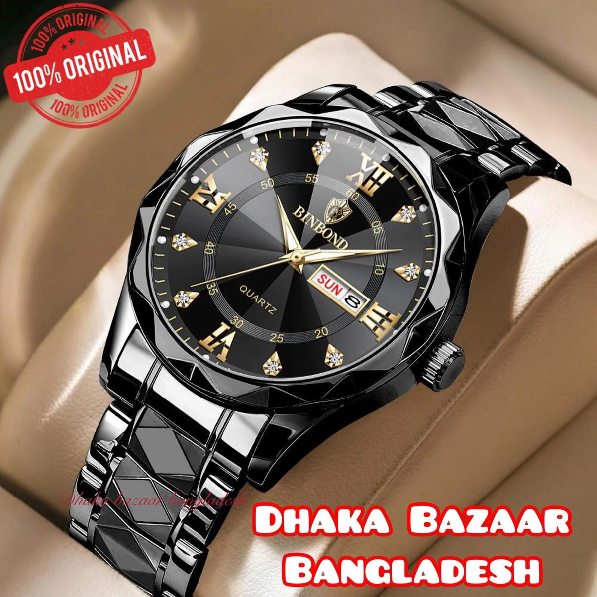 BINBOND 5512 ডায়মন্ড কাটিং এবং বাটারফ্লাই লক নতুন ডিজাইনের পুরুষদের জন্য ঘড়ি BLACK