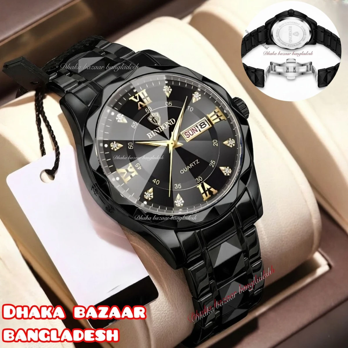 BINBOND 5512 ডায়মন্ড কাটিং এবং বাটারফ্লাই লক নতুন ডিজাইনের পুরুষদের জন্য ঘড়ি BLACK