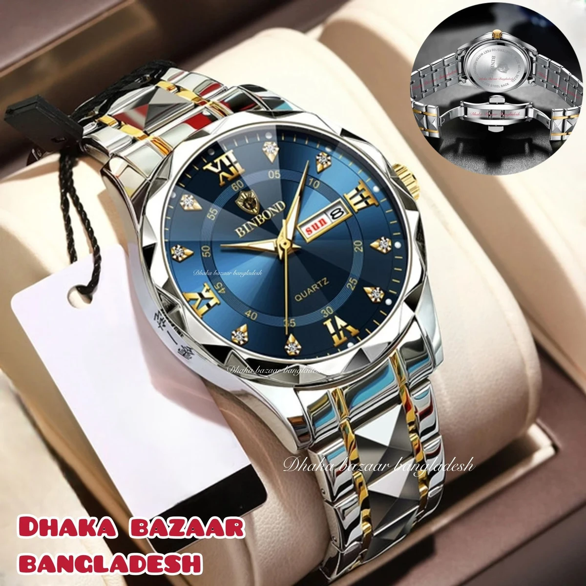 BINBOND 5512 ডায়মন্ড কাটিং এবং বাটারফ্লাই লক নতুন ডিজাইনের পুরুষদের জন্য ঘড়ি SILBER GOLDEN BLUE