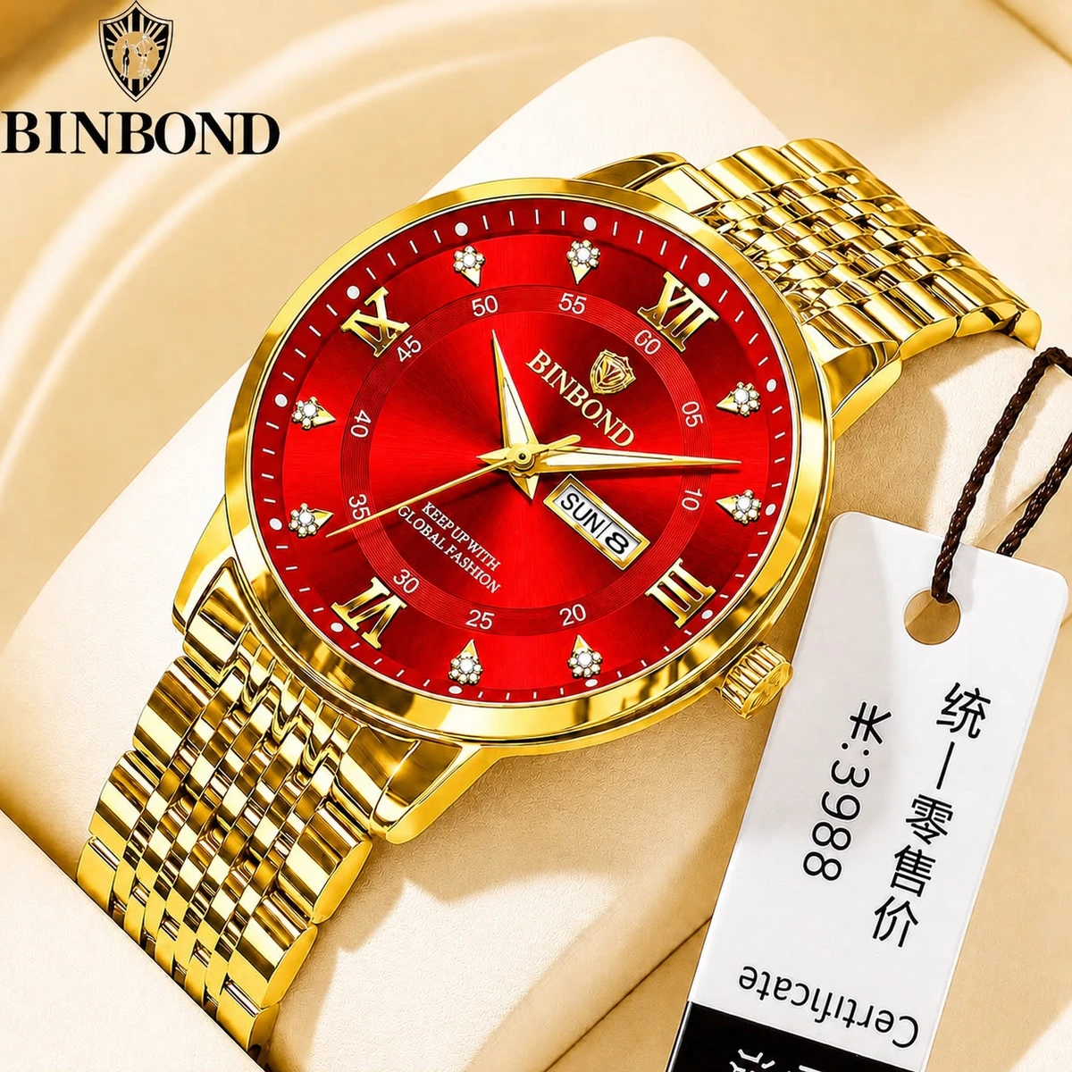 BINBOND23 নতুন ডিজাইনের পুরুষদের জন্য ঘড়ি GOLDEN RED