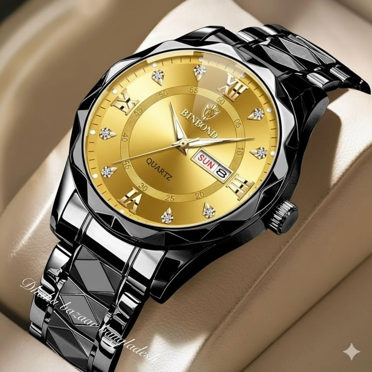 5512 BINBOND ডায়মন্ড কাট নতুন ডিজাইনের পুরুষদের জন্য ঘড়ি BLACK GOLDEN