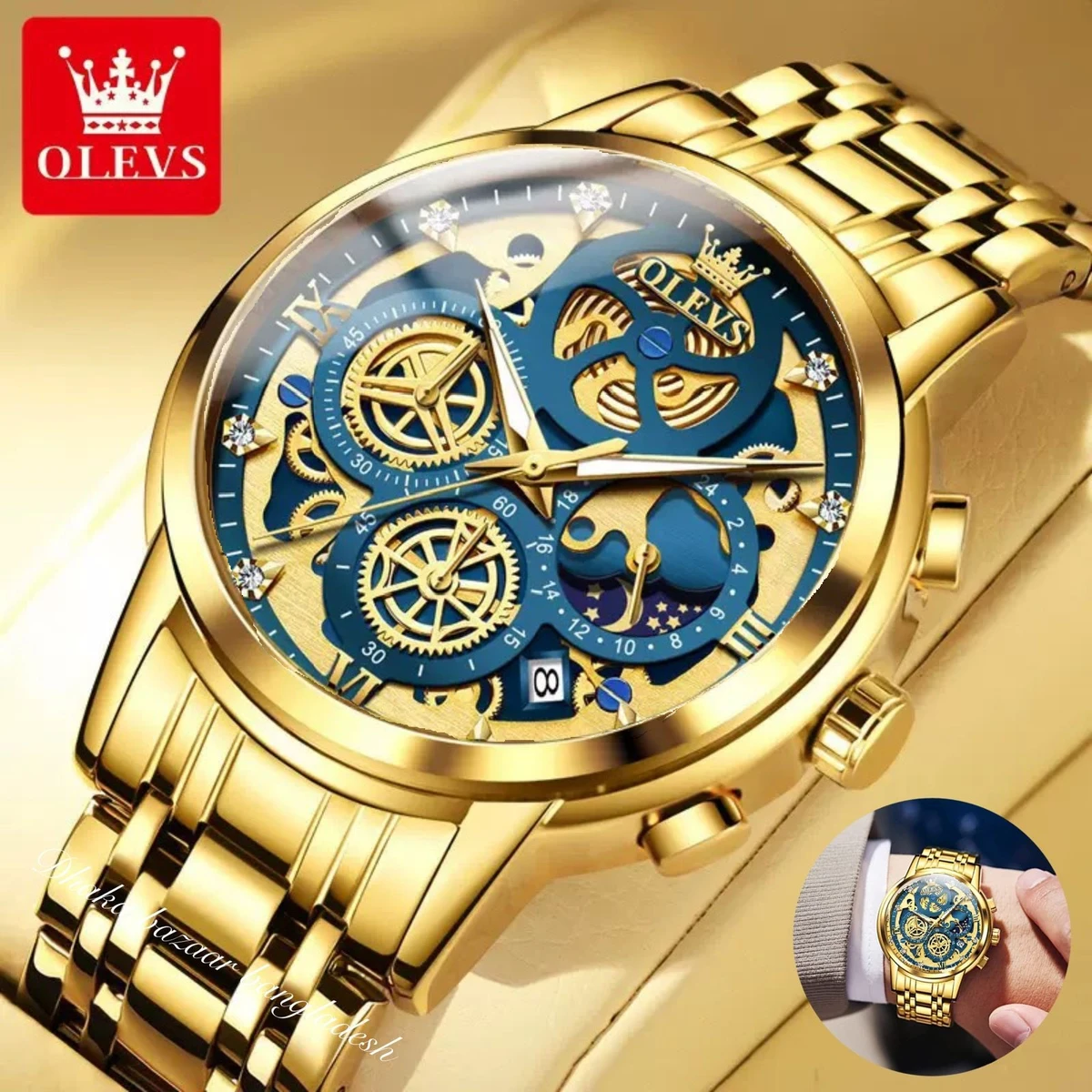 3352 OliveZ নতুন ডিজাইনের পুরুষদের জন্য ঘড়ি FULL GOLDEN BLUE
