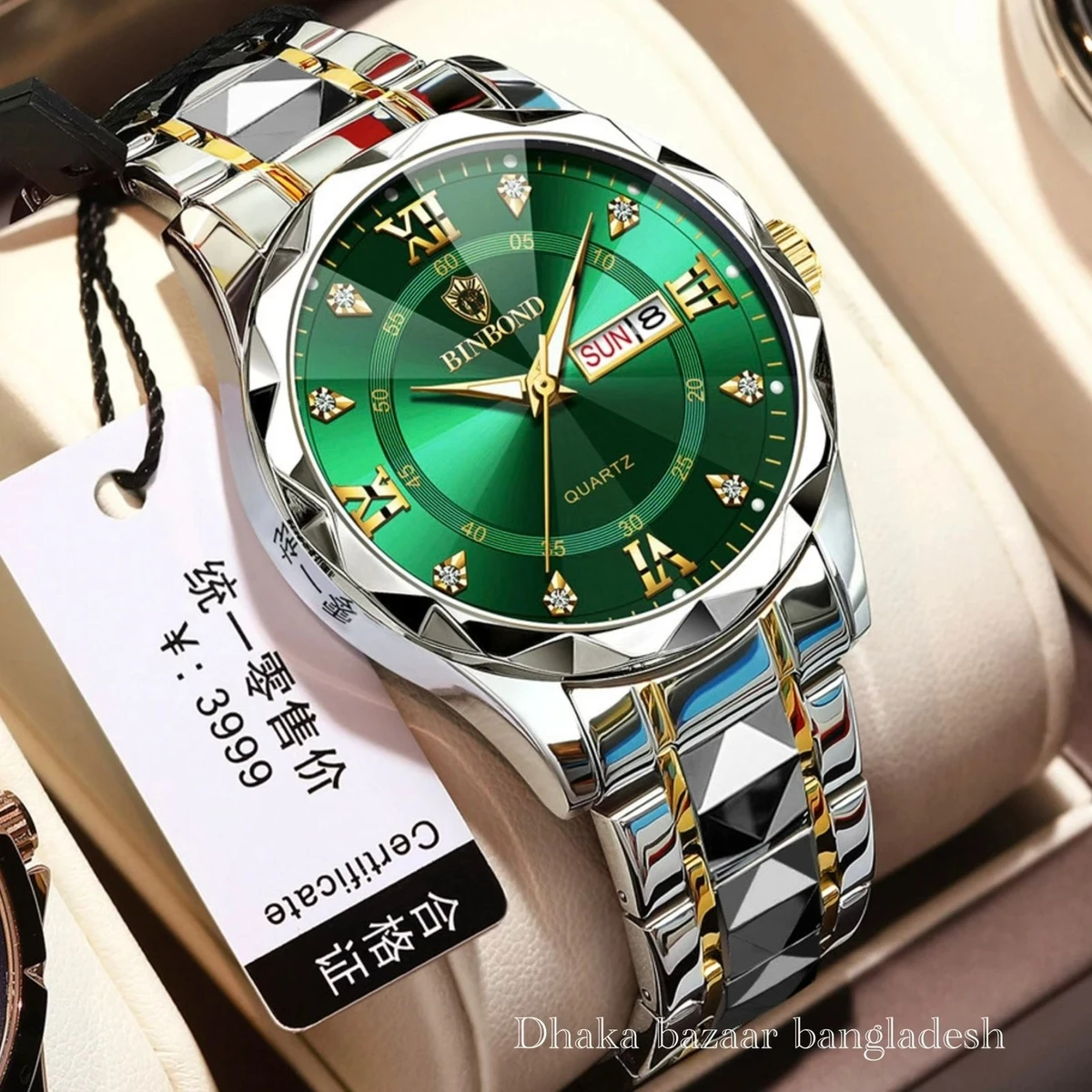 5512 BINBOND ডায়মন্ড কাট নতুন ডিজাইনের পুরুষদের জন্য ঘড়ি SILVER GOLDEN GREEN