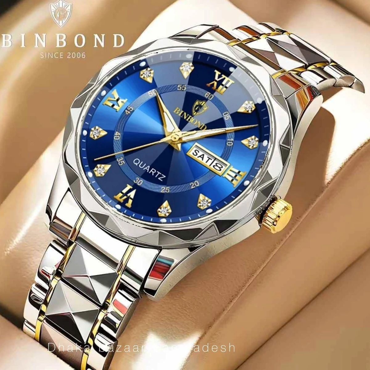 5512 BINBOND ডায়মন্ড কাট নতুন ডিজাইনের পুরুষদের জন্য ঘড়ি SILVER GOLDEN BLUE