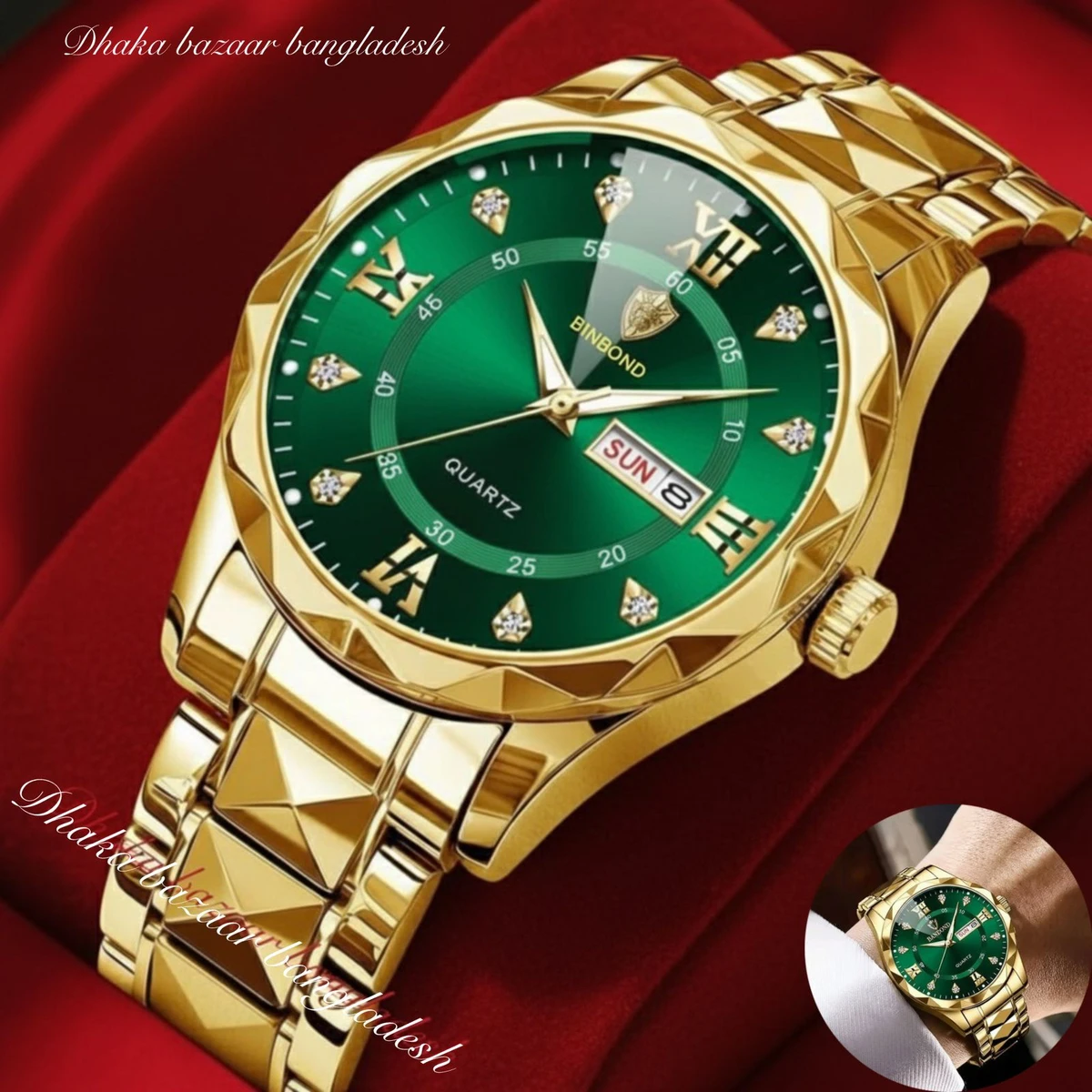 5512 BINBOND ডায়মন্ড কাট নতুন ডিজাইনের পুরুষদের জন্য ঘড়ি GOLDEN GREEN