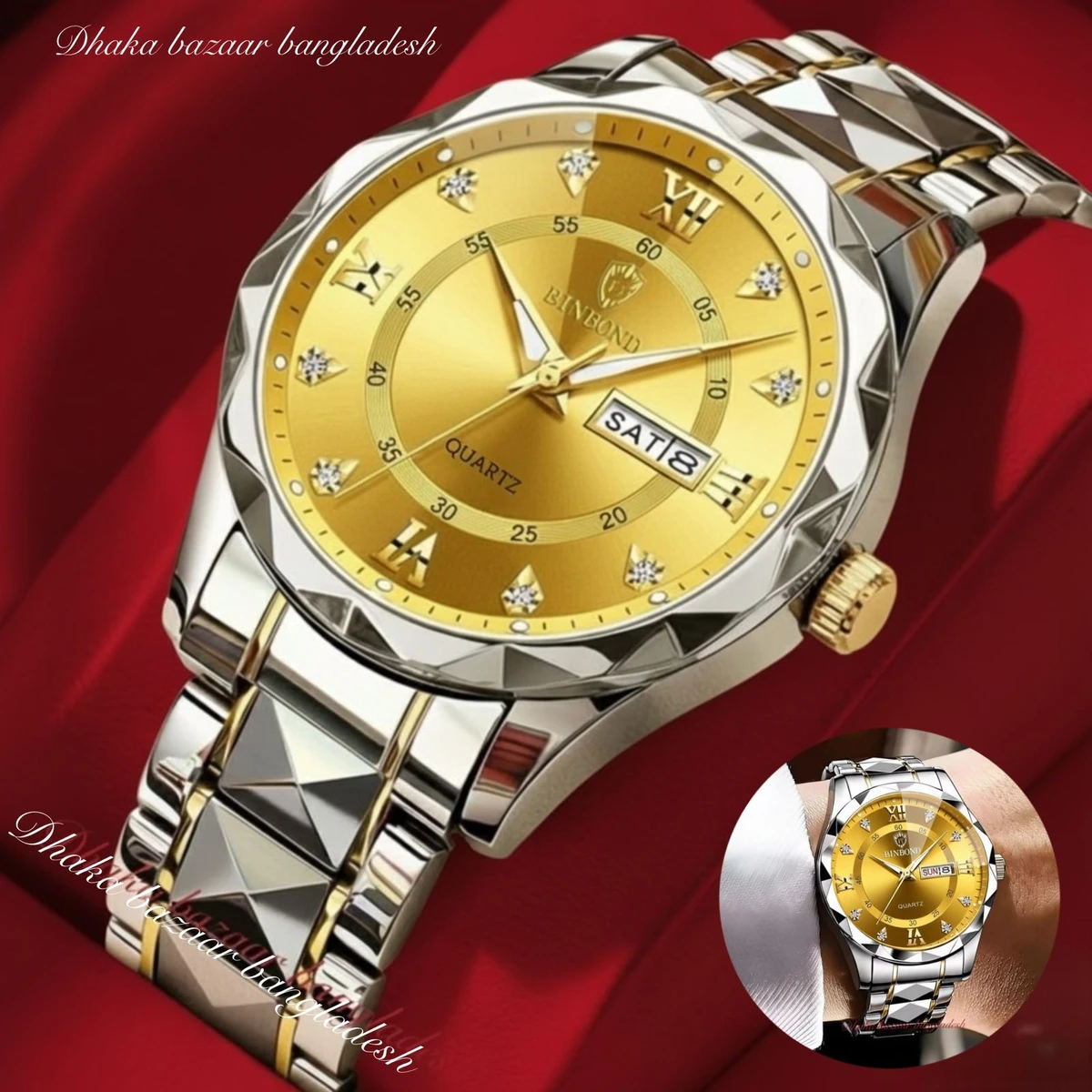 5512 BINBOND ডায়মন্ড কাট নতুন ডিজাইনের পুরুষদের জন্য ঘড়ি SILVER GOLDEN GOLDEN
