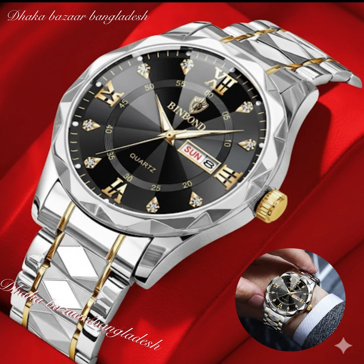 5512 BINBOND ডায়মন্ড কাট নতুন ডিজাইনের পুরুষদের জন্য ঘড়ি SILVER GOLDEN BLACK