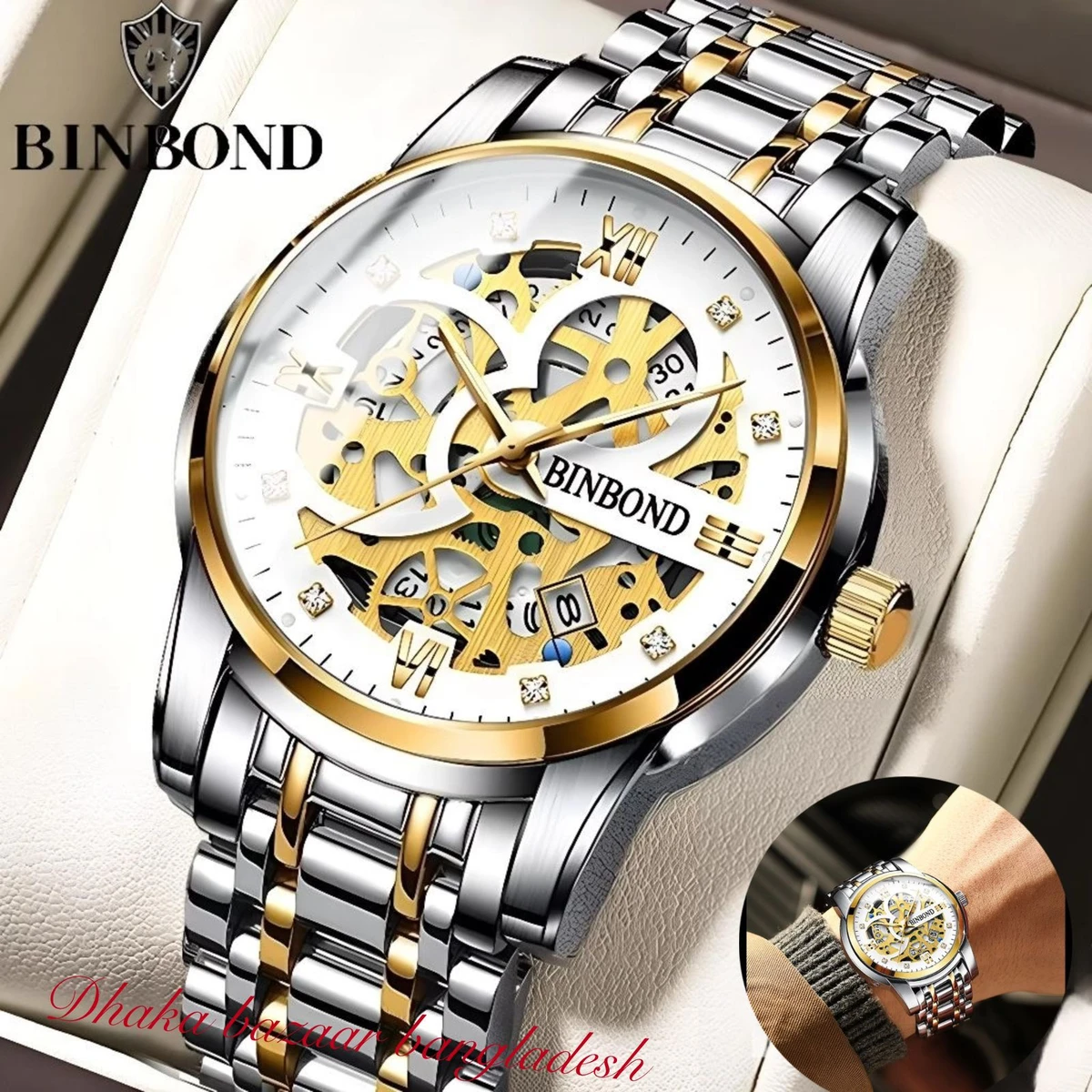 BINBOND BB12 পুরুষের জন্য নন মেকানিক্যাল ওয়াটার প্রুফ ঘড়ি SILVER GOLDEN WHITE