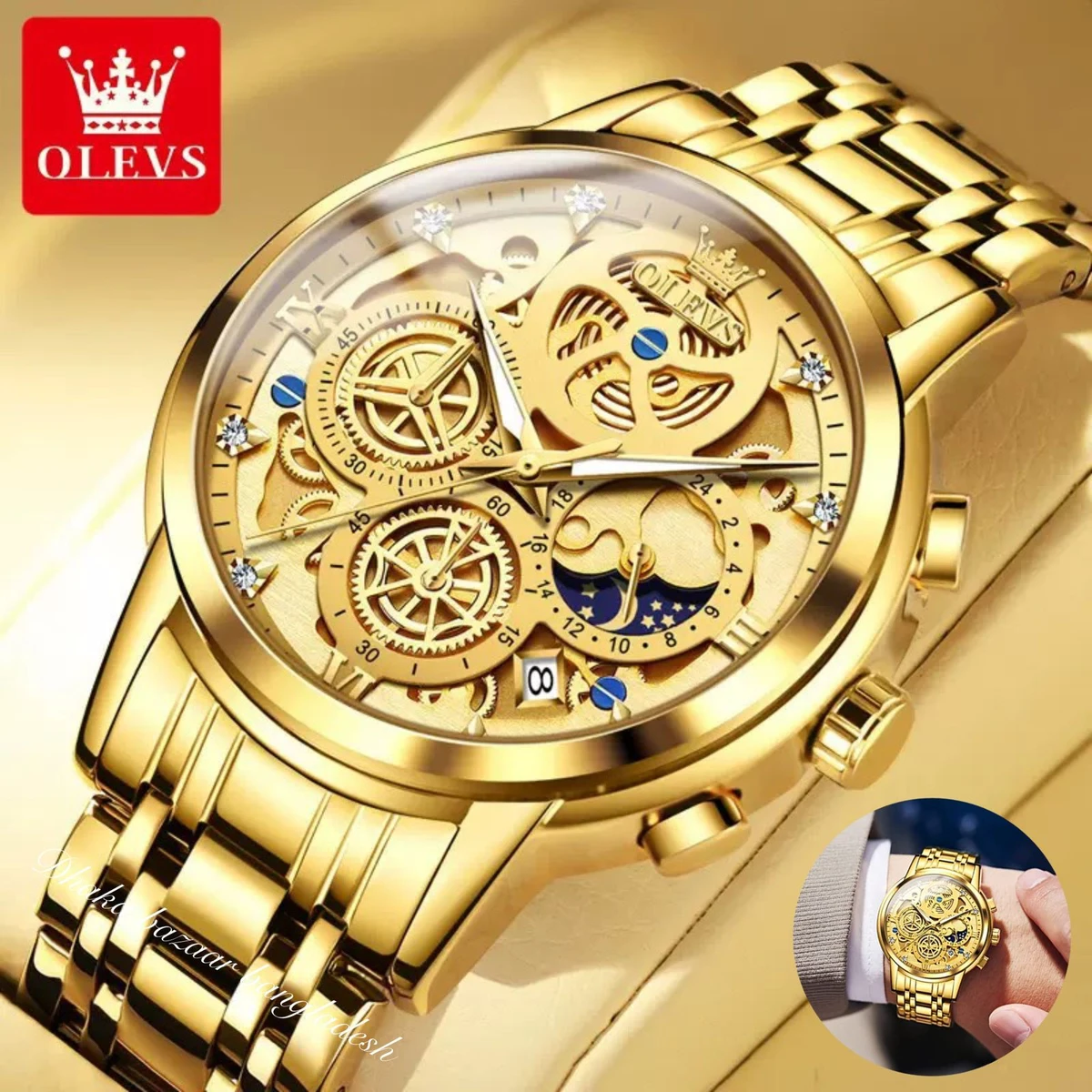 OLIVEZ 5233A পুরুষের জন্য নন মেকানিক্যাল ওয়াটার প্রুফ ঘড়ি FULL GOLDEN