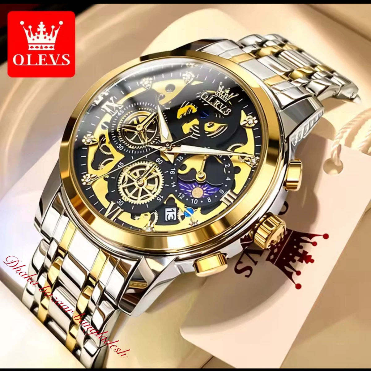 OLIVEZ 5233A পুরুষের জন্য নন মেকানিক্যাল ওয়াটার প্রুফ ঘড়ি SILVER GOLDEN BLACK