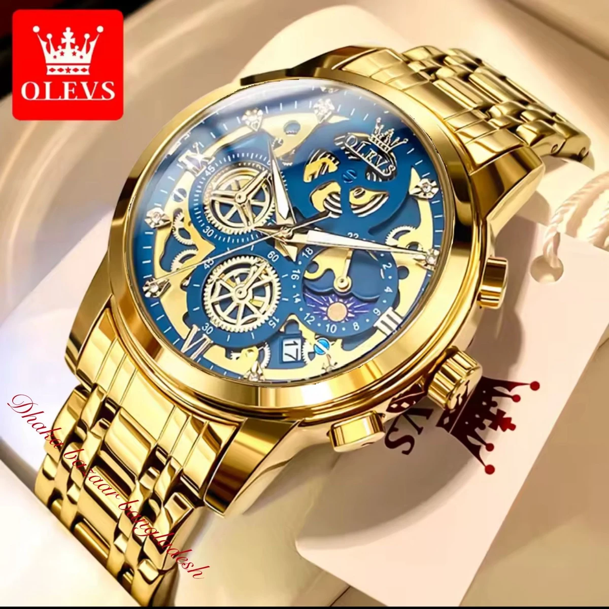 OLIVEZ 5233A পুরুষের জন্য নন মেকানিক্যাল ওয়াটার প্রুফ ঘড়ি GOLDEN BLUE