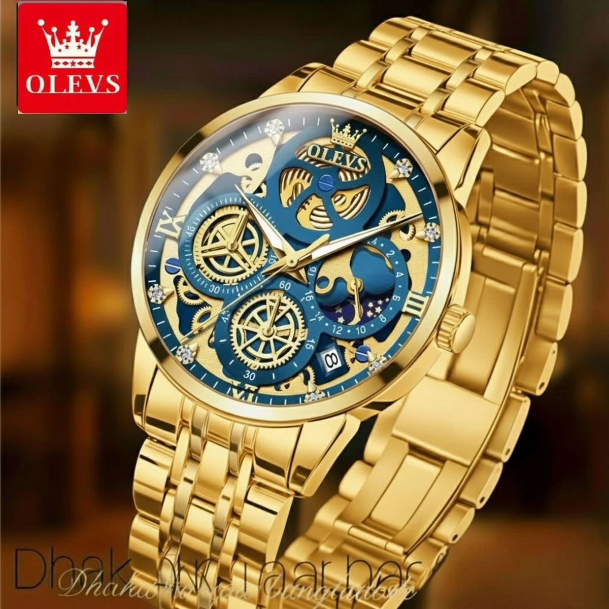 OLIVEZ 5233A পুরুষের জন্য নন মেকানিক্যাল ওয়াটার প্রুফ ঘড়ি GOLDEN BLUE