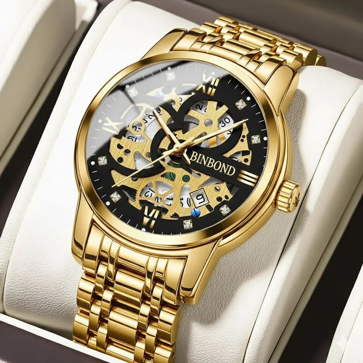 BINBOND BB12 পুরুষের জন্য নন মেকানিক্যাল ওয়াটার প্রুফ ঘড়ি GOLDEN BLACK