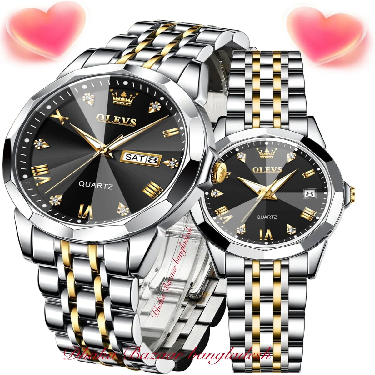 Couple OLIVESZ  নতুন ডিজাইনের পুরুষ এবং মহিলাদের জন্য ঘড়ি SILVER GOLDEN BLACK 2 Pcs