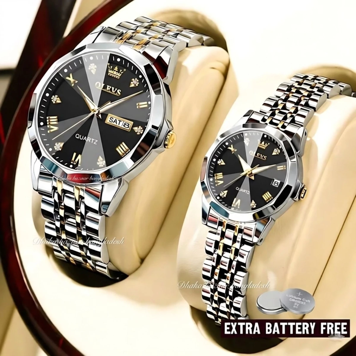 Couple OLIVESZ  নতুন ডিজাইনের পুরুষ এবং মহিলাদের জন্য ঘড়ি SILVER GOLDEN BLACK 2 Pcs