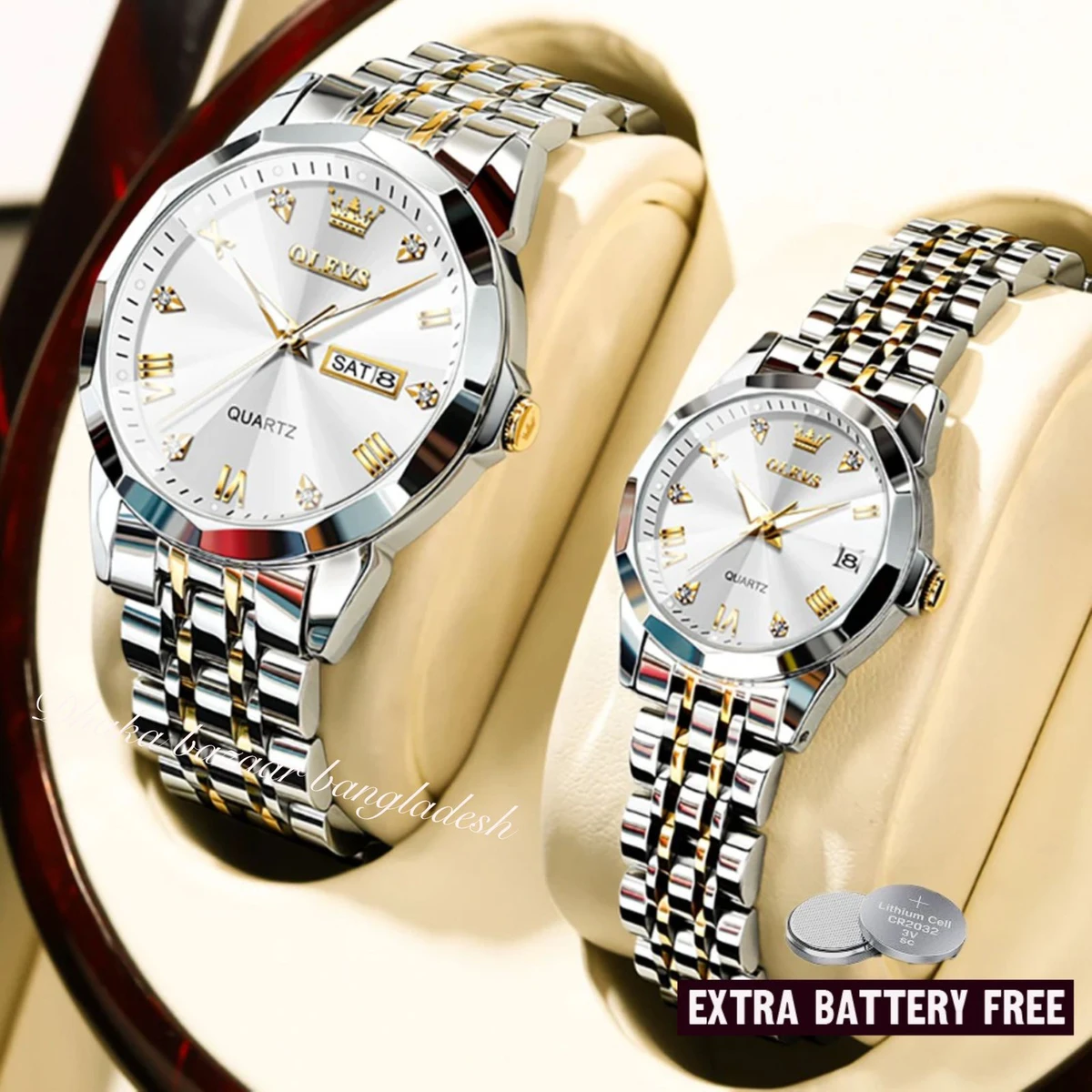 Couple OLIVESZ নতুন ডিজাইনের পুরুষ এবং মহিলাদের জন্য ঘড়ি SILVER GOLDEN WHITE 2 Pcs