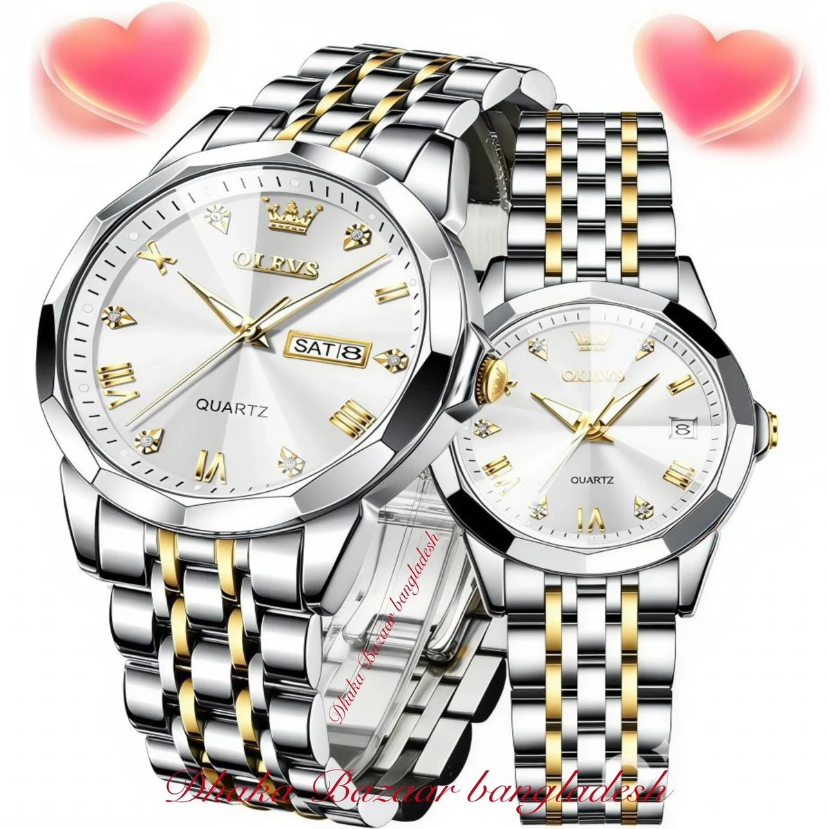 Couple OLIVESZ নতুন ডিজাইনের পুরুষ এবং মহিলাদের জন্য ঘড়ি SILVER GOLDEN WHITE 2 Pcs