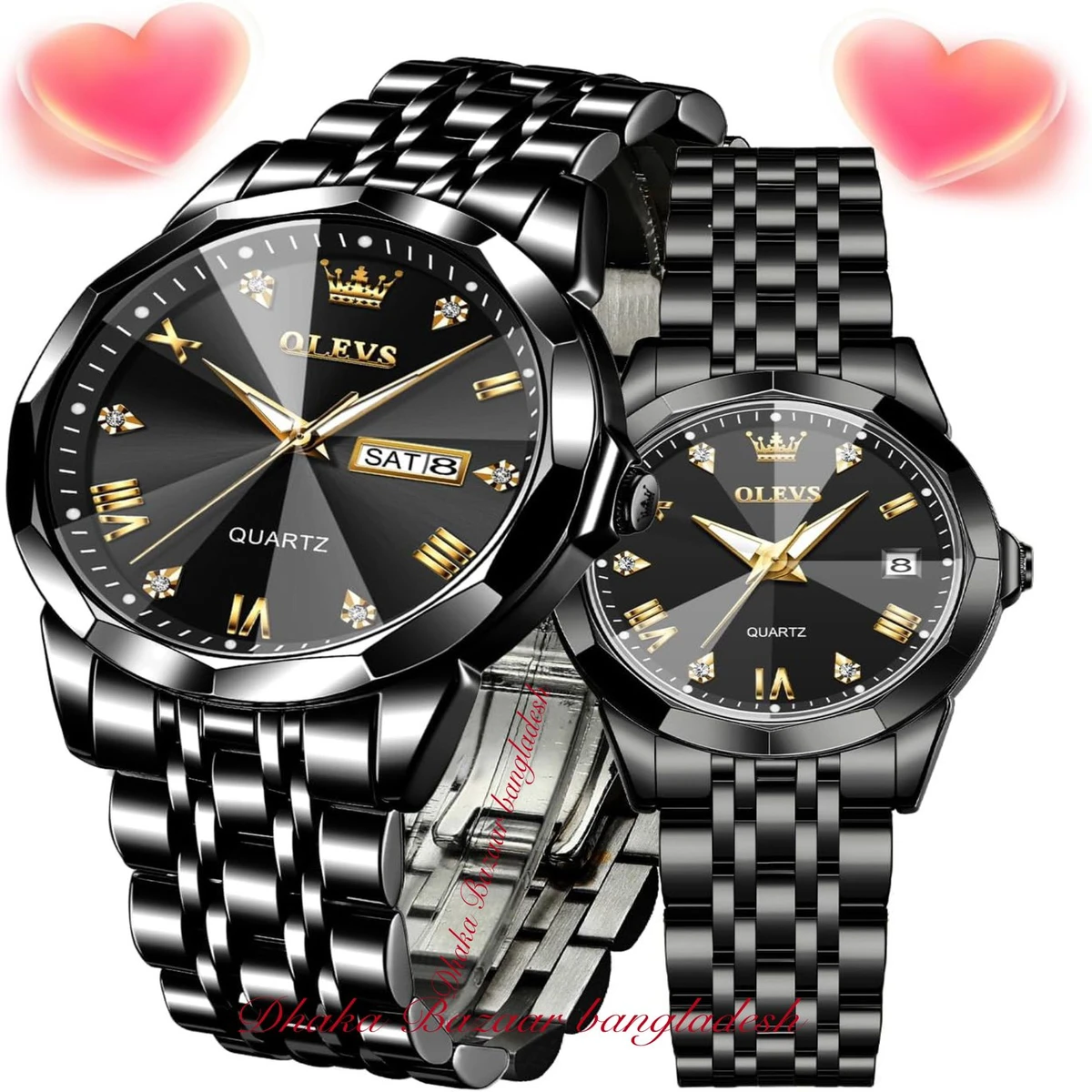 Couple OLIVESZ নতুন ডিজাইনের পুরুষ এবং মহিলাদের জন্য ঘড়ি BLACK 2 Pcs