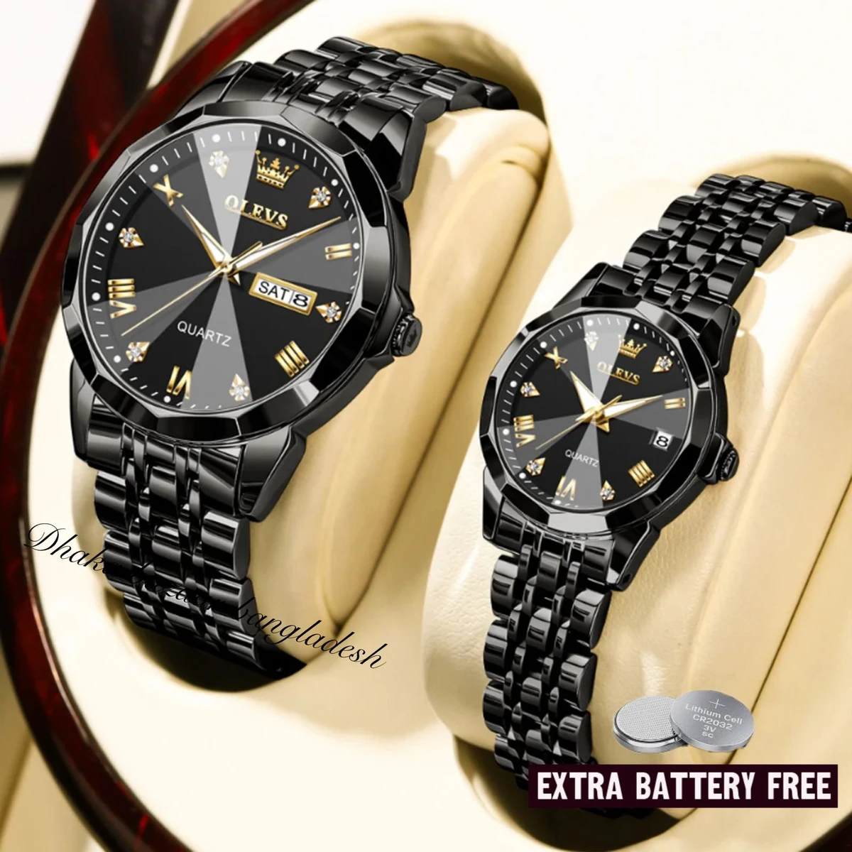 Couple OLIVESZ নতুন ডিজাইনের পুরুষ এবং মহিলাদের জন্য ঘড়ি BLACK 2 Pcs