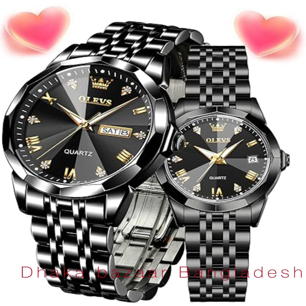 Couple OLIVESZ নতুন ডিজাইনের পুরুষ এবং মহিলাদের জন্য ঘড়ি BLACK 2 Pcs