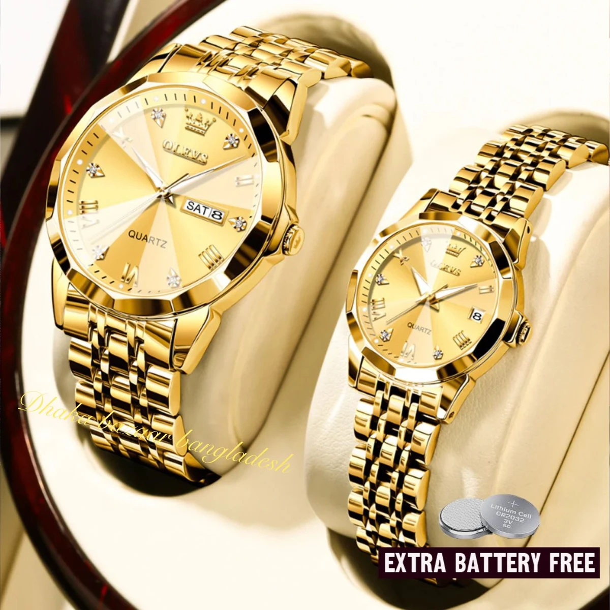 Couple OLIVESZ নতুন ডিজাইনের পুরুষ এবং মহিলাদের জন্য ঘড়ি GOLDEN 2 Pcs