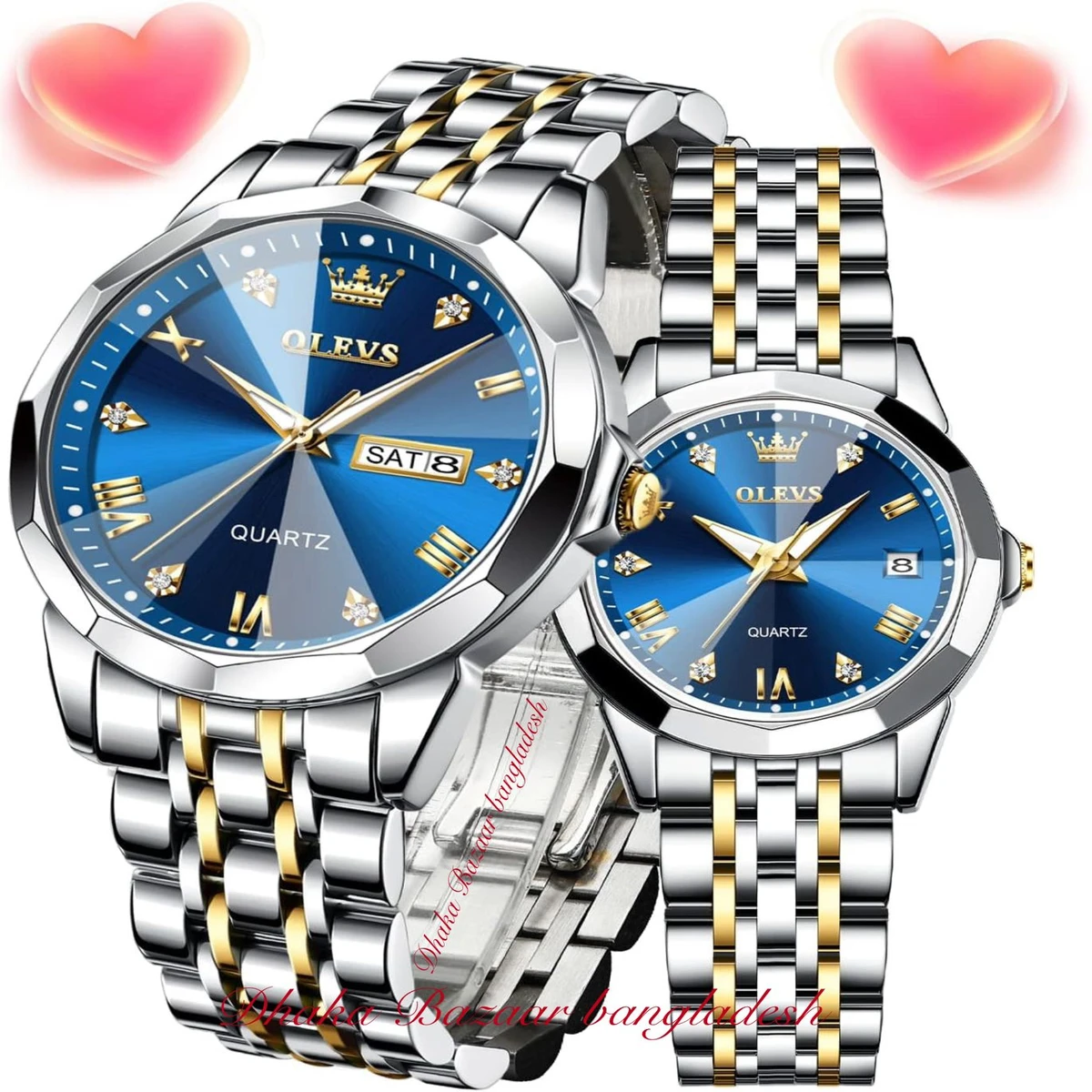Couple OLIVESZ নতুন ডিজাইনের পুরুষ এবং মহিলাদের জন্য ঘড়ি SILVER GOLDEN BLUE 2 Pcs