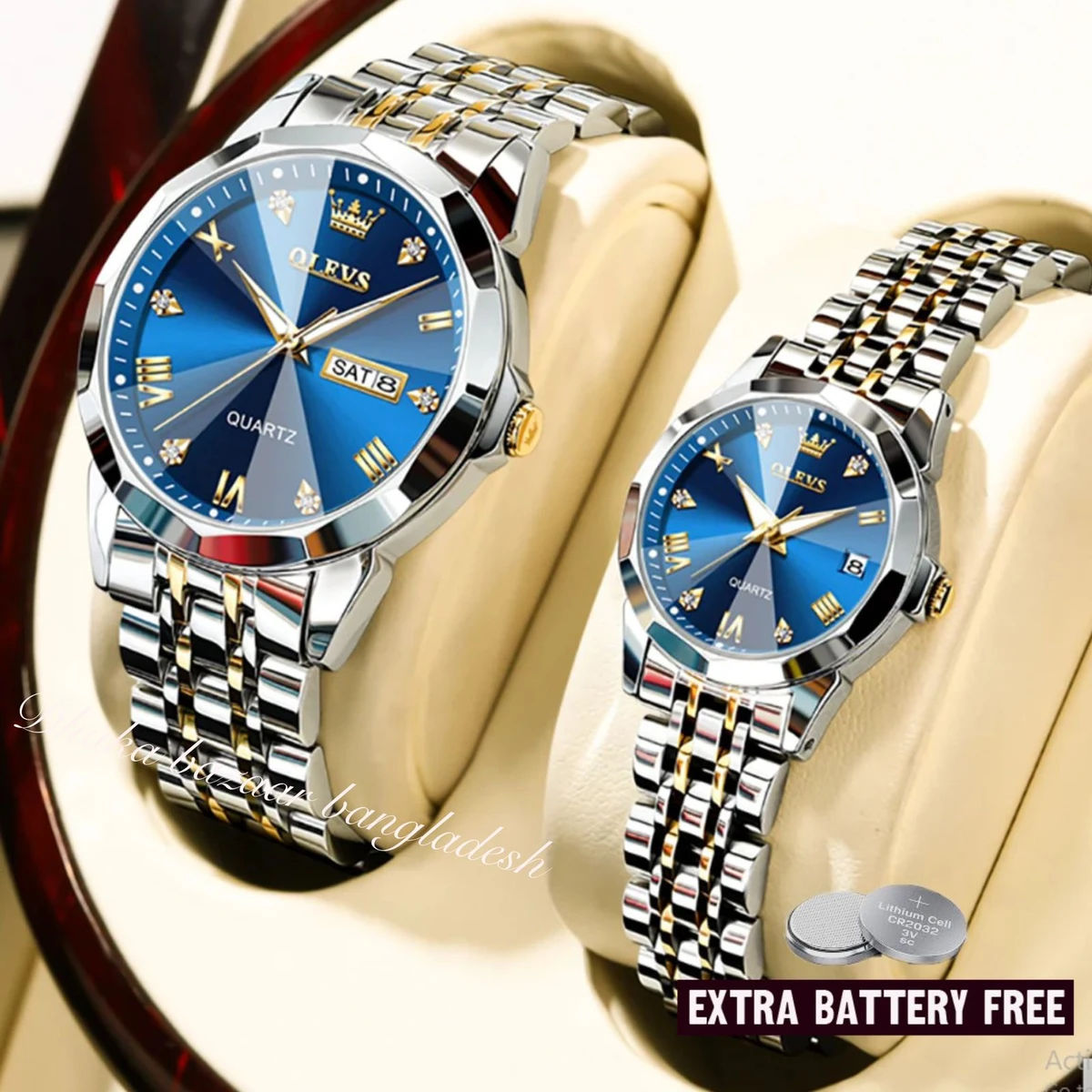 Couple OLIVESZ নতুন ডিজাইনের পুরুষ এবং মহিলাদের জন্য ঘড়ি SILVER GOLDEN BLUE 2 Pcs