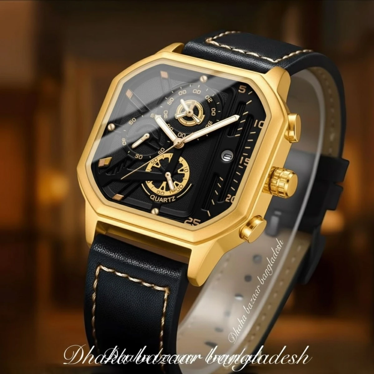 TRSOYEES আর্টিফিশিয়াল লেদার নতুন ডিজাইনের পুরুষদের জন্য ঘড়ি BLACK GOLDEN