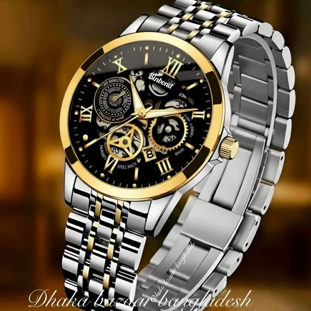 BINBOND 2200 পুরুষের জন্য নন মেকানিক্যাল ওয়াটার প্রুফ ঘড়ি SILVER GOLDEN BLACK