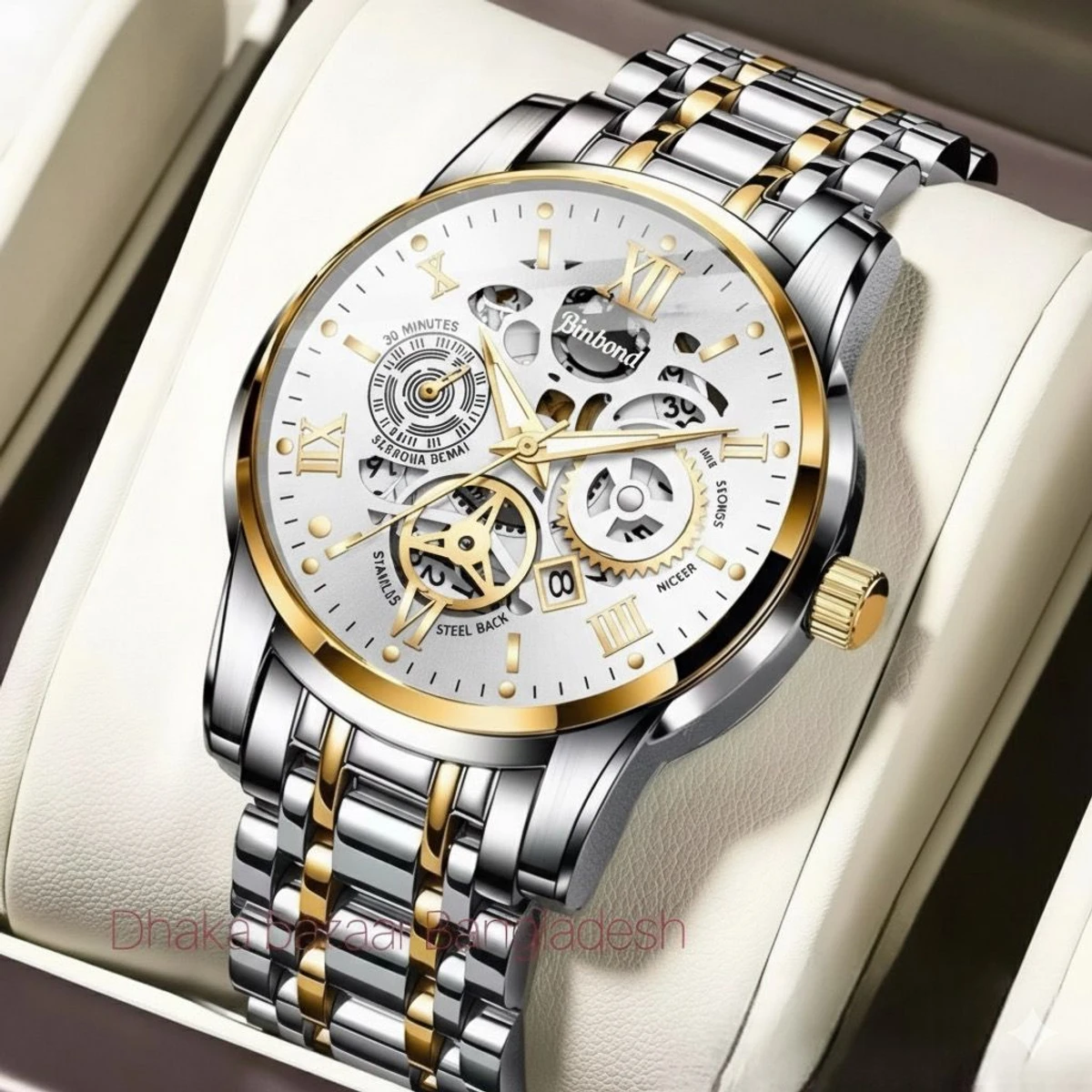 BINBOND 220A পুরুষের জন্য নন মেকানিক্যাল ওয়াটার প্রুফ ঘড়ি SILVER GOLDEN WHITE