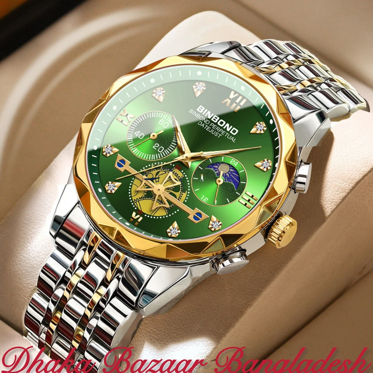 BIN 8855 নন মেকানিক্যাল ওয়াটার প্রুফ ঘড়ি SILVER GOLDEN GREEN