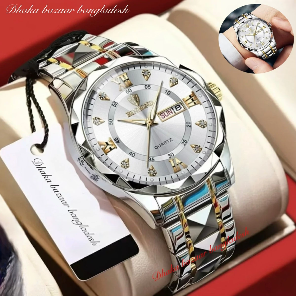 5512 BINBOND ডায়মন্ড কাট নতুন ডিজাইনের পুরুষদের জন্য ঘড়ি SILVER GOLDEN WHITE