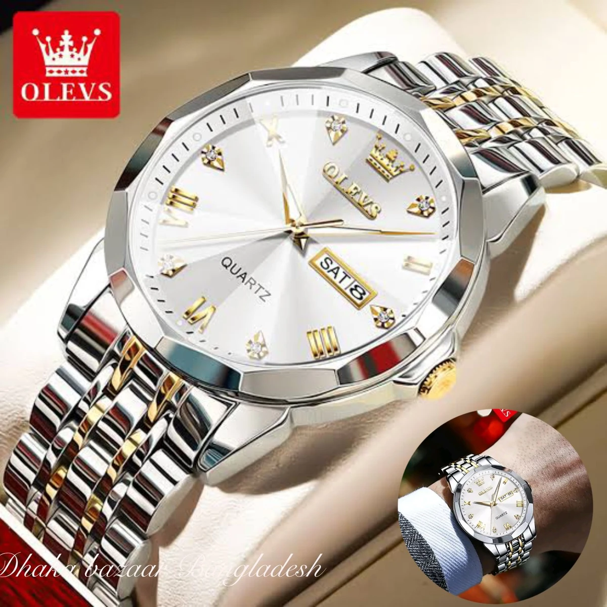 OliveZ নতুন ডিজাইনের পুরুষদের জন্য ঘড়ি BSILVER GOLDEN WHITE