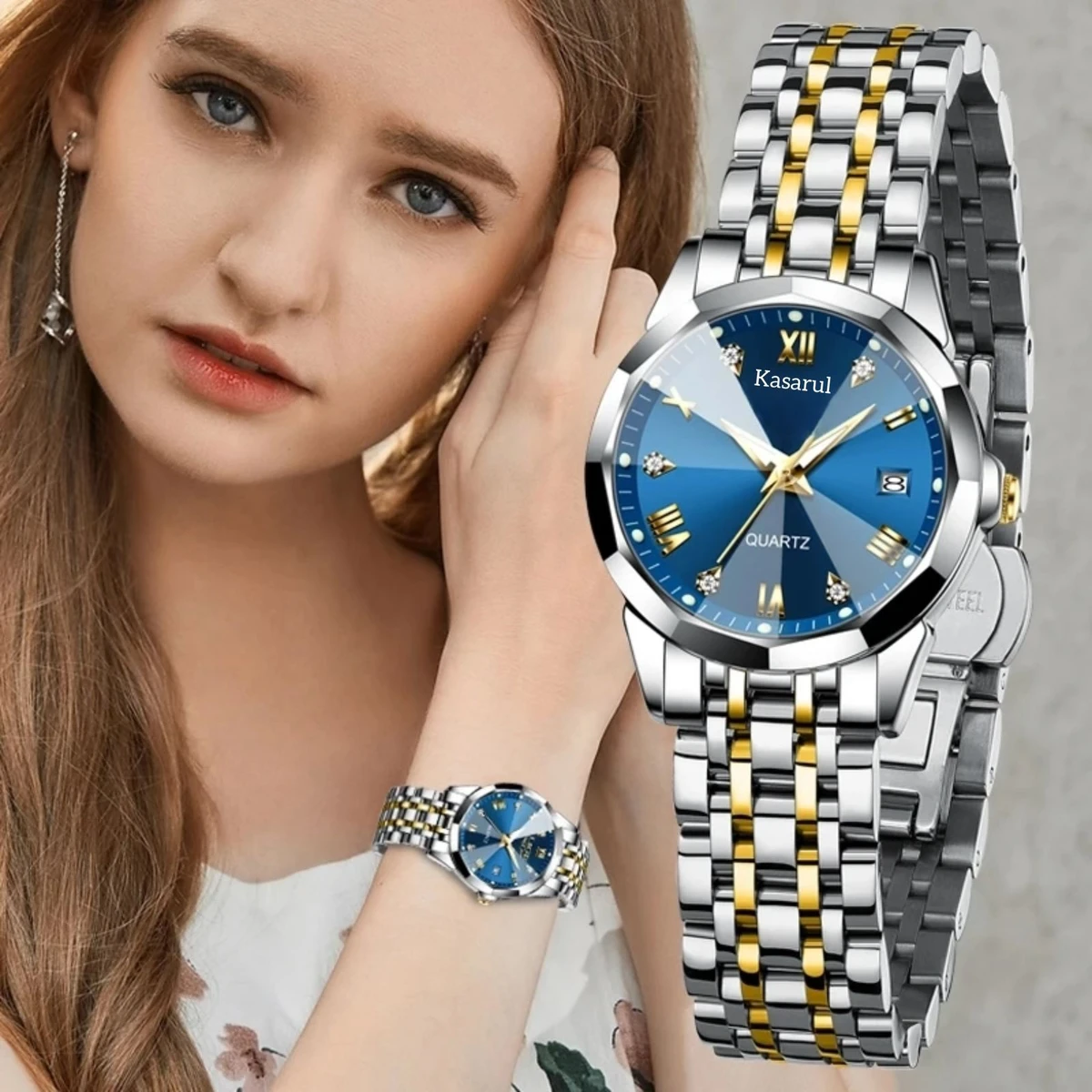WOMAN KASARUL নতুন ডিজাইনের মেয়েদের জন্য ঘড়ি SILVER GOLDEN BLUE