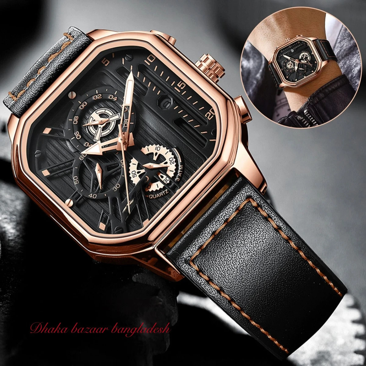 TRSOYEES আর্টিফিশিয়াল লেদার নতুন ডিজাইনের পুরুষদের জন্য ঘড়ি BLACK GOLDEN