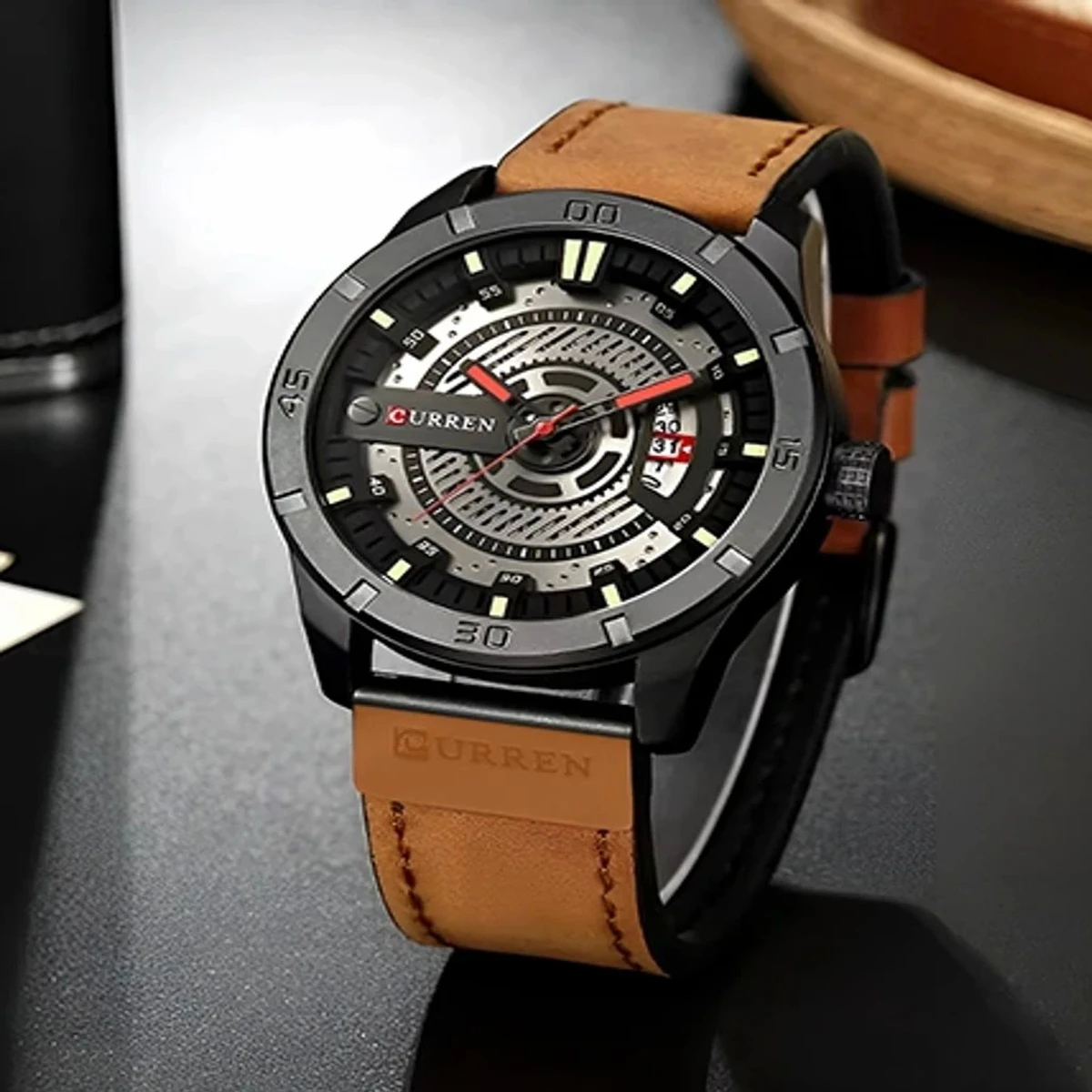 CUREENT 83011 আর্টিফিশিয়াল লেদার নতুন ডিজাইনের পুরুষদের জন্য ঘড়ি BROWN 2