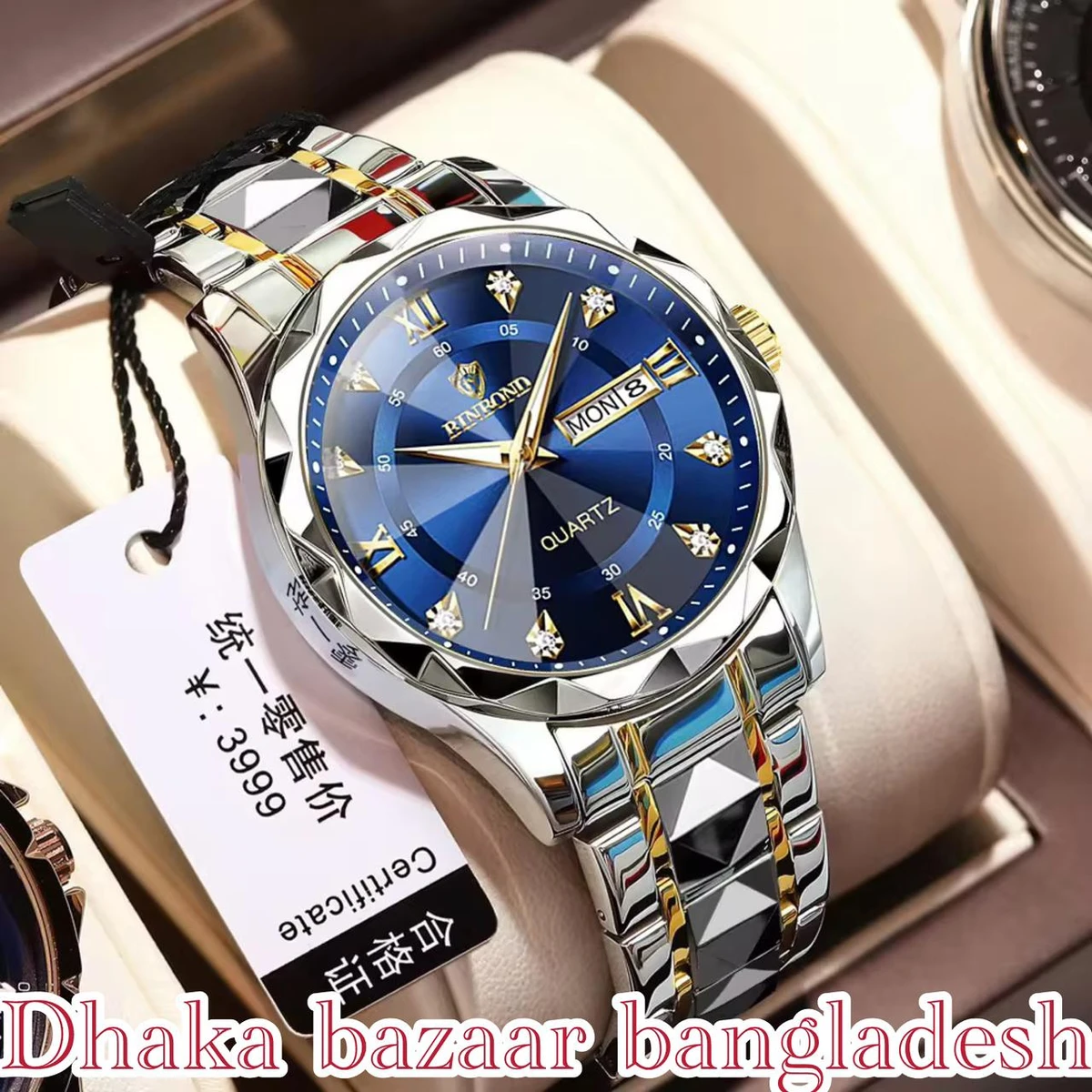 5512 BINBOND ডায়মন্ড কাট নতুন ডিজাইনের পুরুষদের জন্য ঘড়ি SILVER GOLDEN BLUE