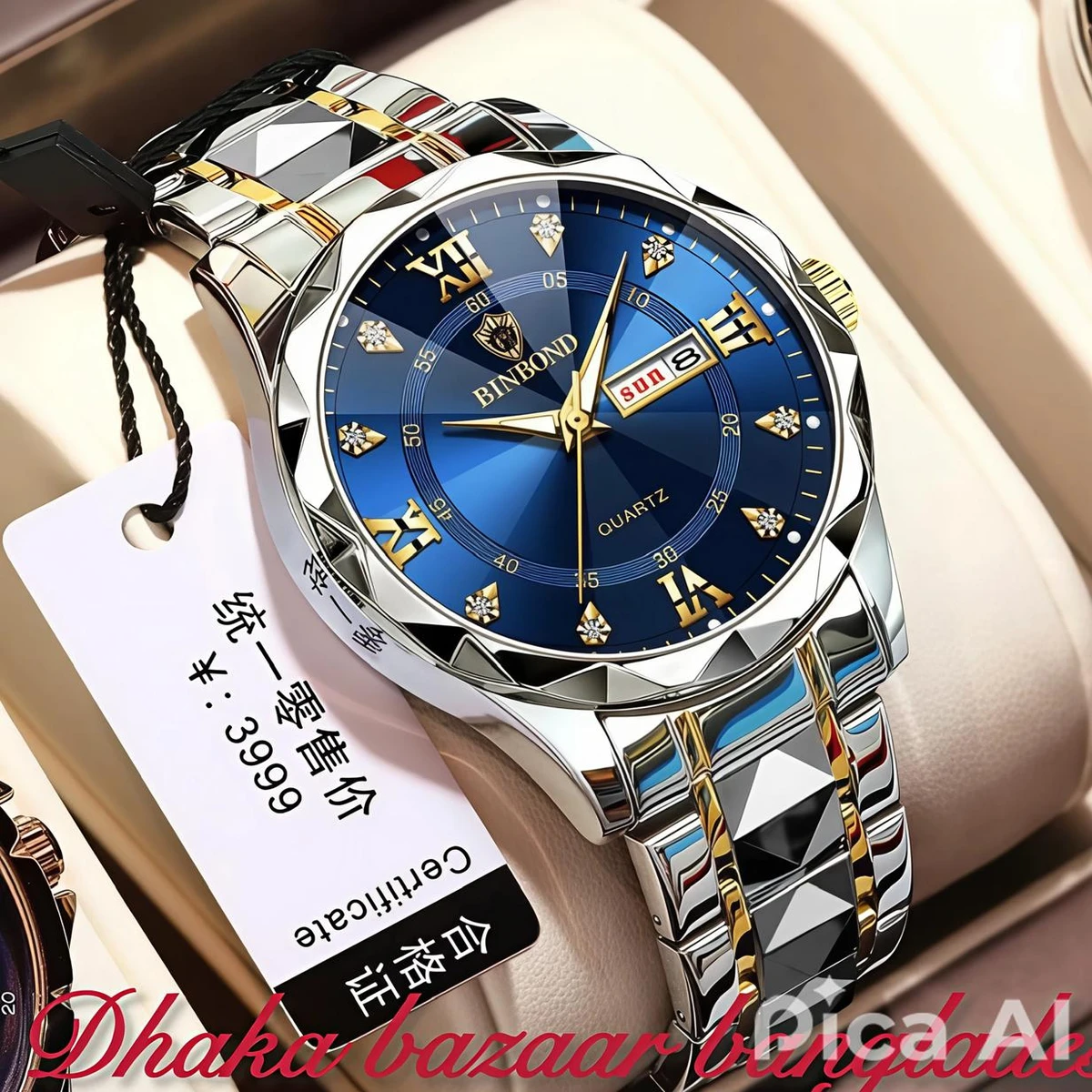 5512 BINBOND ডায়মন্ড কাট নতুন ডিজাইনের পুরুষদের জন্য ঘড়ি SILVER GOLDEN BLUE