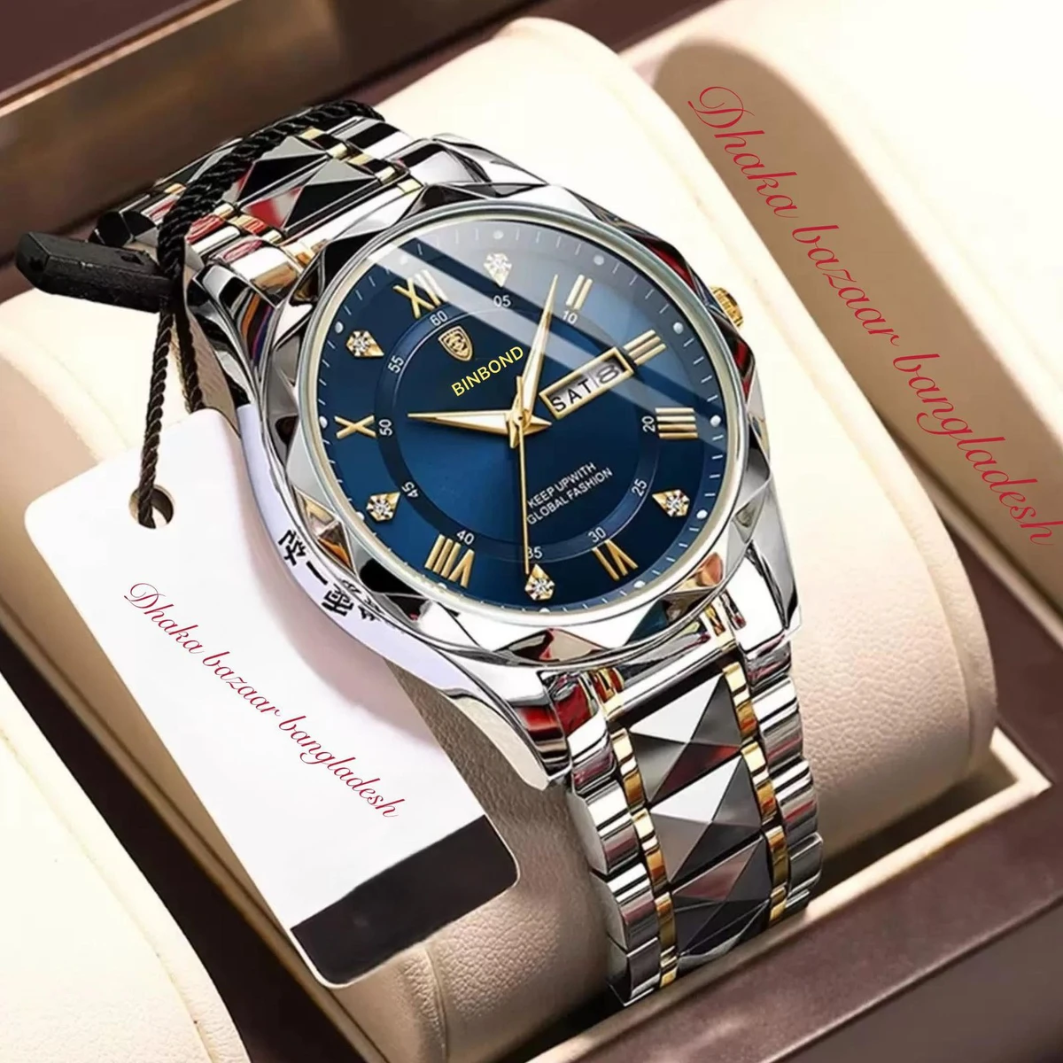 5512 BINBOND ডায়মন্ড কাট নতুন ডিজাইনের পুরুষদের জন্য ঘড়ি SILVER GOLDEN BLUE